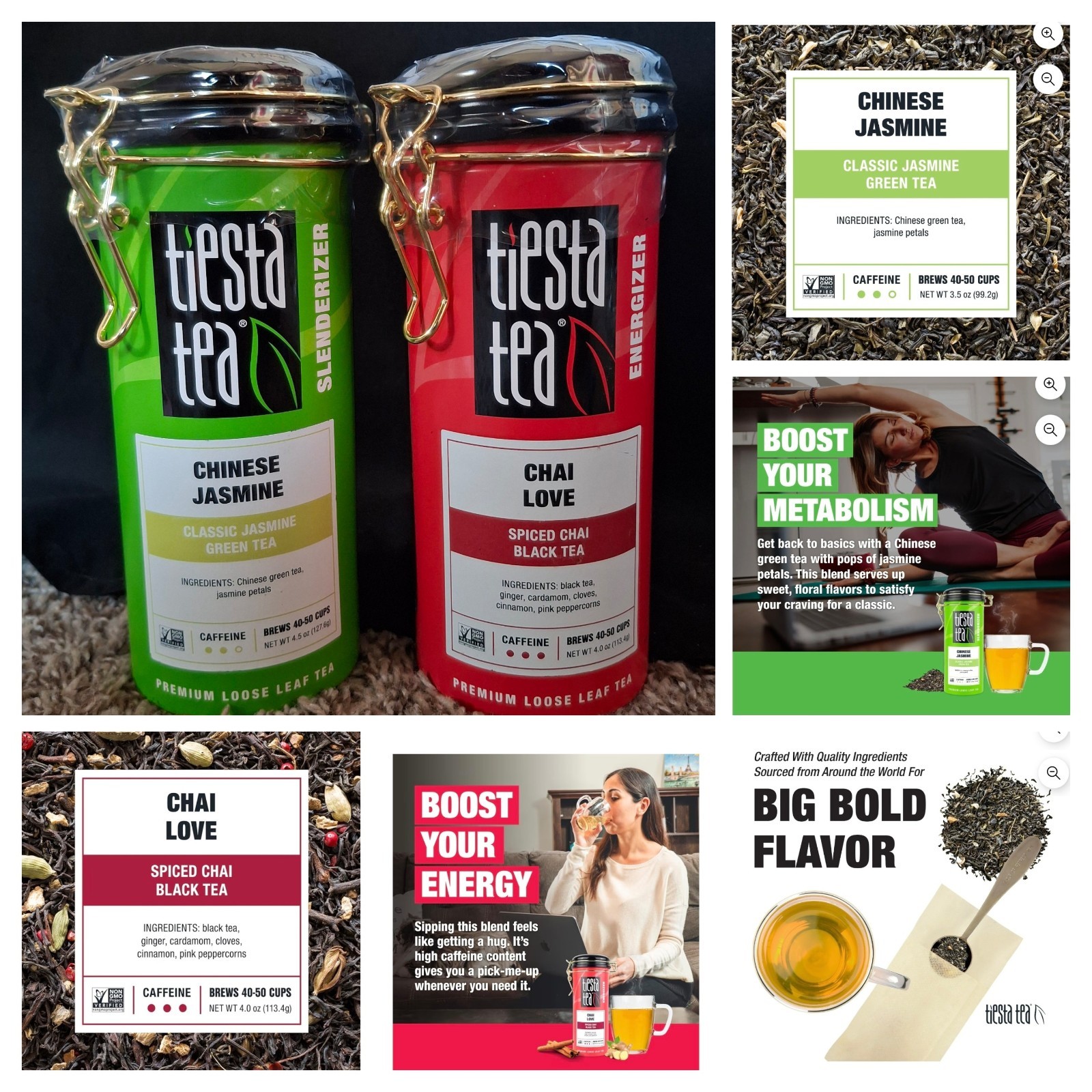 2pc Chai Love Spiced Black Tea & Chinese Jasmine Green Tea Caffeine 40-50 Cups
