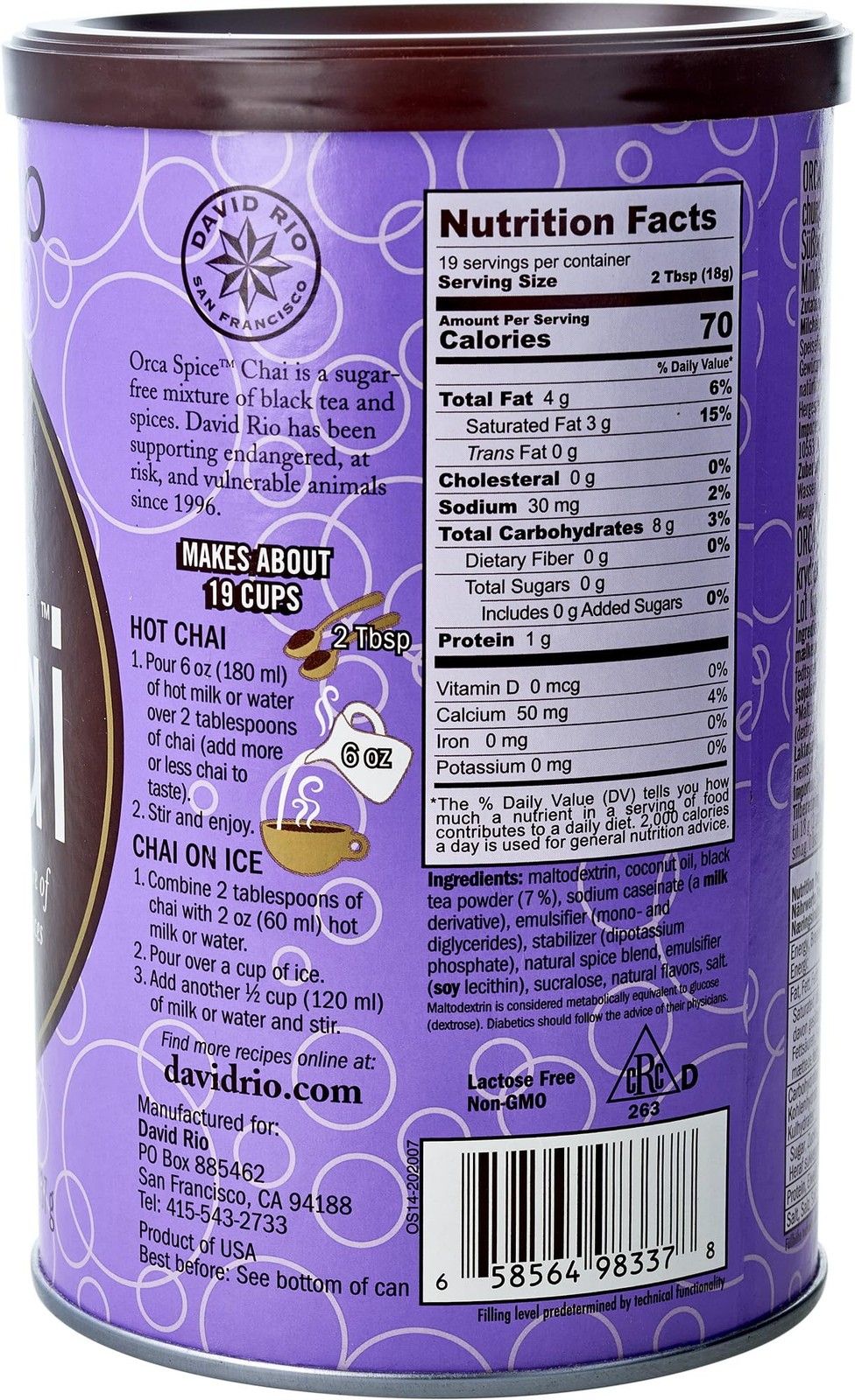 Orca Spice Reduced Calorie Chai Tea Latte Mix, 11.9 Ounce (Pack of 1)