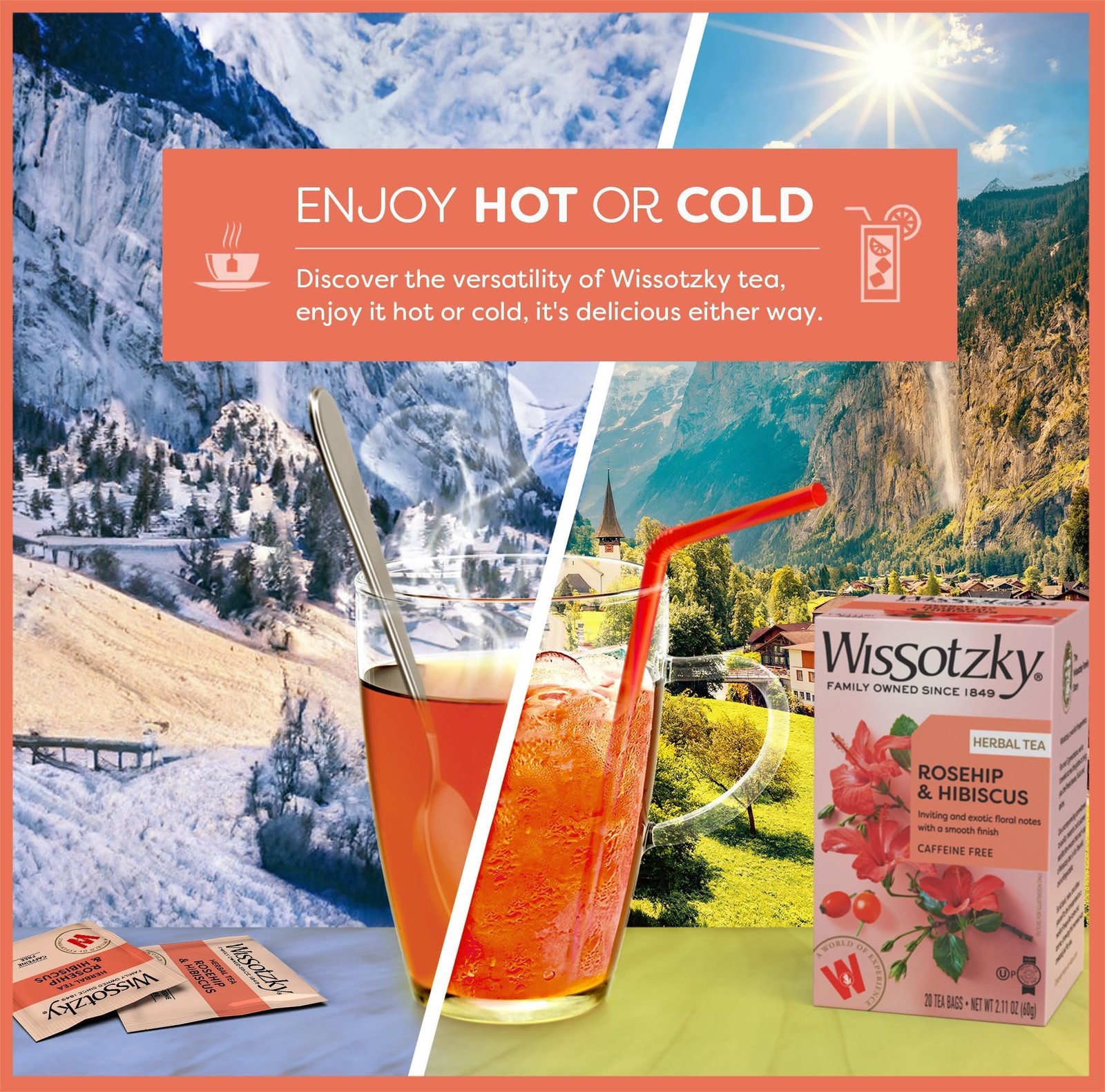 Rosehip Hibiscus Herbal Tea – Caffeine-Free Immune Boost 3 Pack, 60 Bags