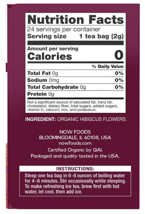 Organic Hibiscus Tea – 24 Tea Bags, 1.7 oz (48 g), by NOW