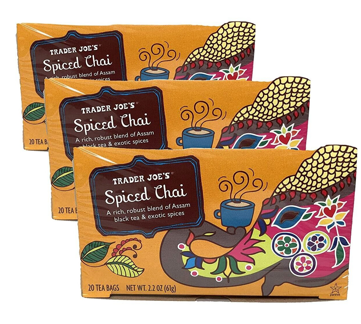 3 Packs Trader Joe’s Spiced Chai Black Tea 20 Tea Bags 2.2 oz Each Pack = 60 ct