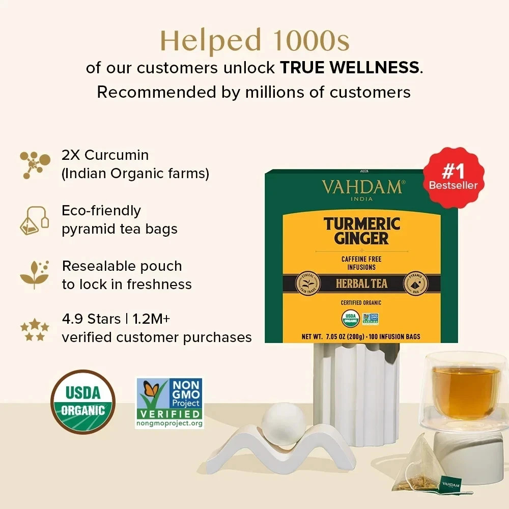 VAHDAM Organic Turmeric Ginger Tea 100 Bags Caffeine Free Non-GMO Herbal