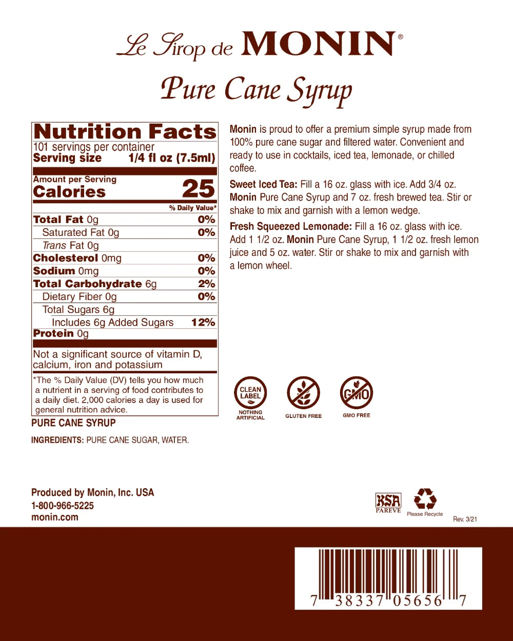 Monin Pure Cane Sweetener Syrup (750mL), H-Sweetener, Pure Cane