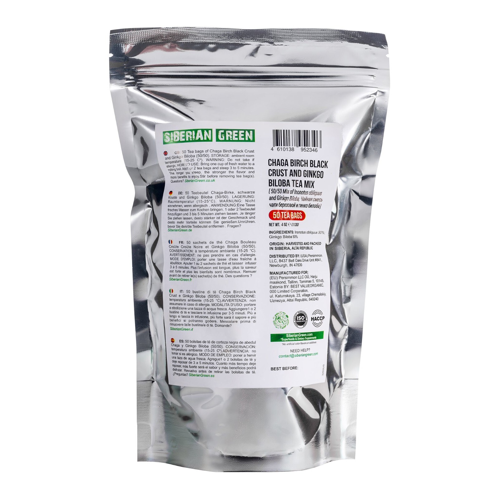 Siberian Green Ginkgo Biloba Tea with Chaga – 50 Tea Bags