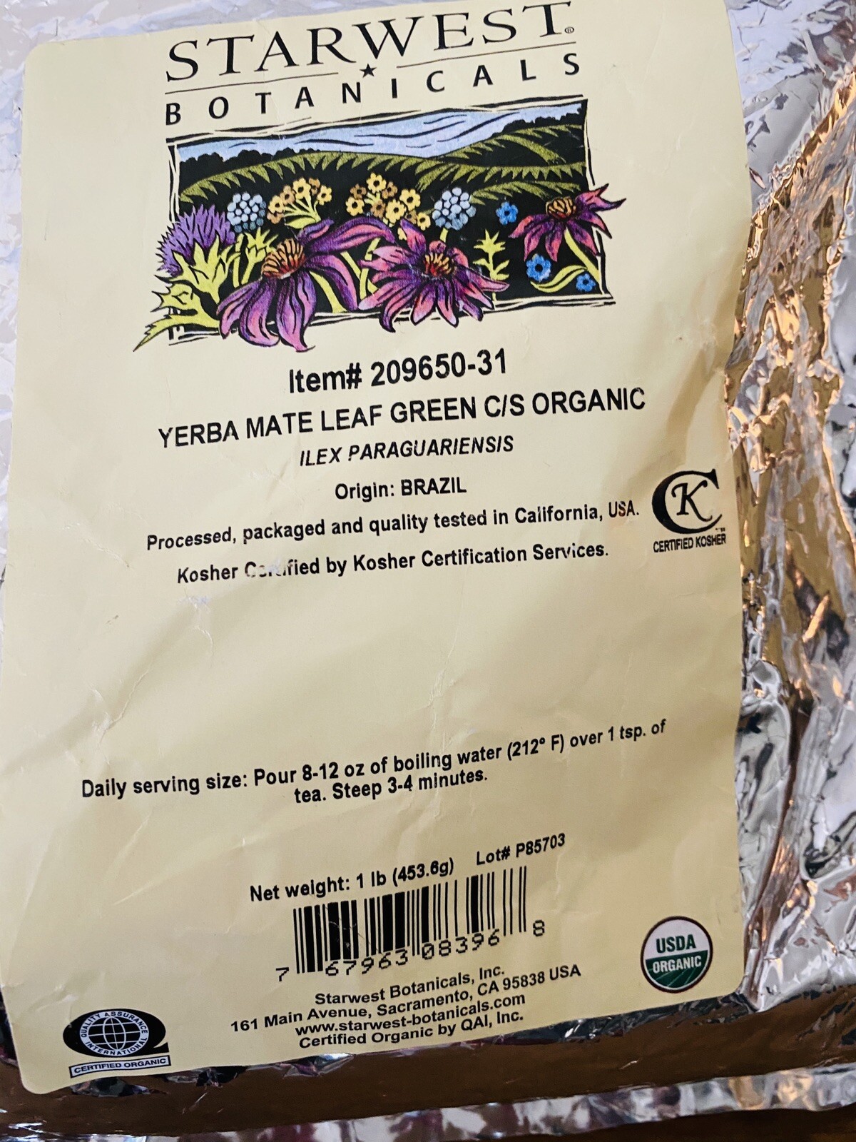 Starwest Botanicals Organic Green Yerba Mate’ 1-pound Bag NEW SEALED