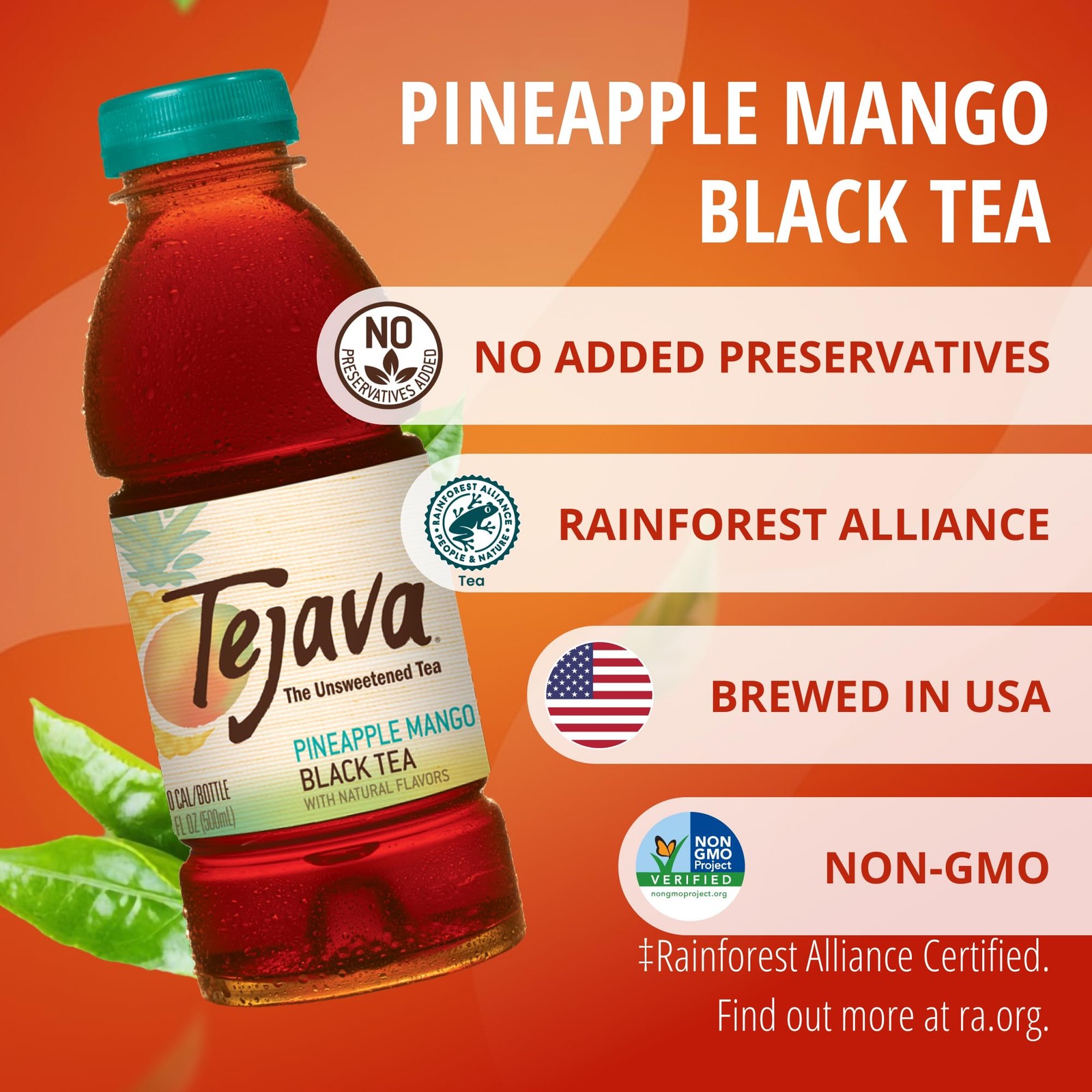 Pineapple Mango Black Iced Tea, 12 Pack, 16.9oz PET Bottles, Unsweetened, Non…