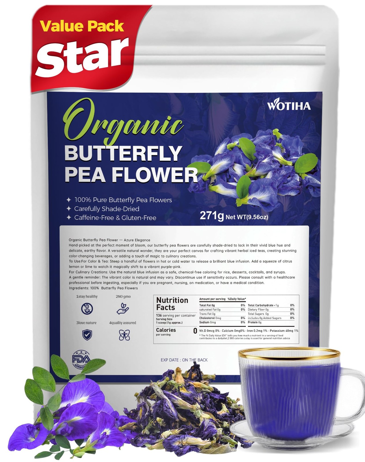 Butterfly Pea Flower Tea 9.56 oz 100% Natural Dried Whole Blue Flowers Magi…