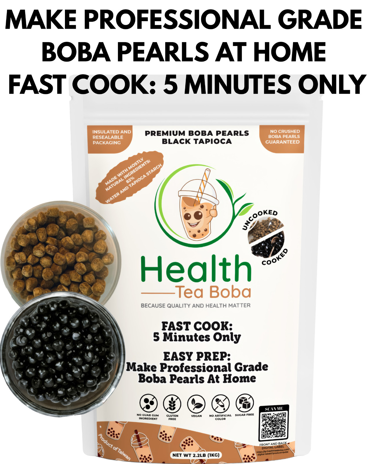 2.2LB Low Calorie 5-Min Cook Natural Sugar-Free Vegan Boba Pearls