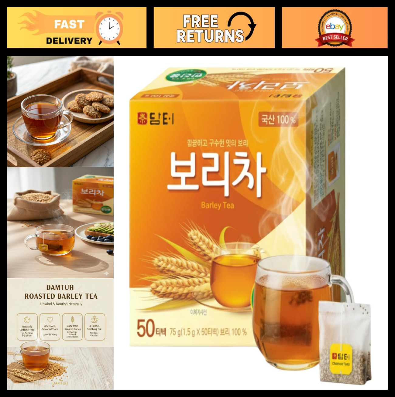 Korean Roasted Barley Tea Bags – Caffeine-Free Boricha Mugicha, 50 Count