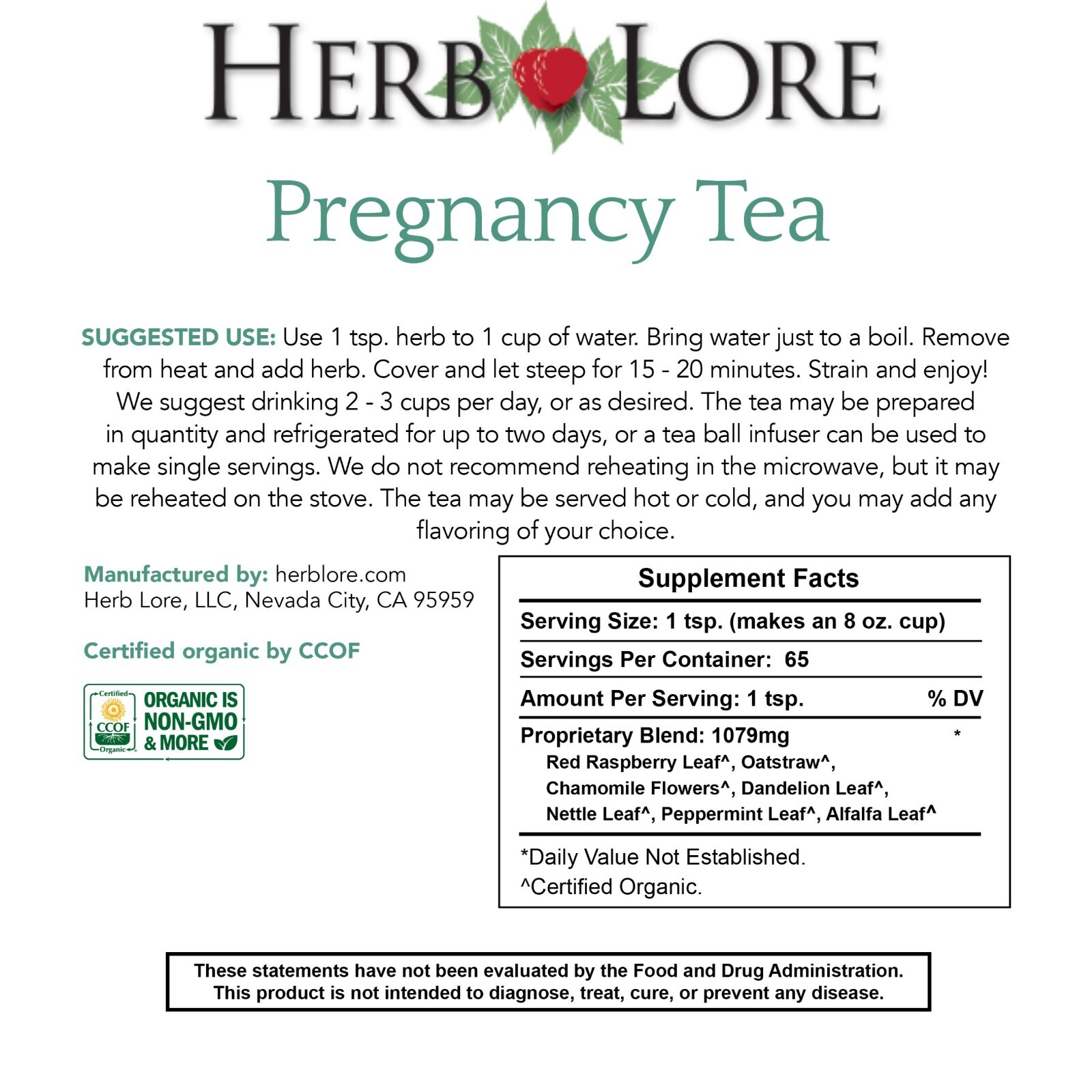 Herb Lore Pregnancy Tea – Red Raspberry Leaf Morning Sickness Trimester Support