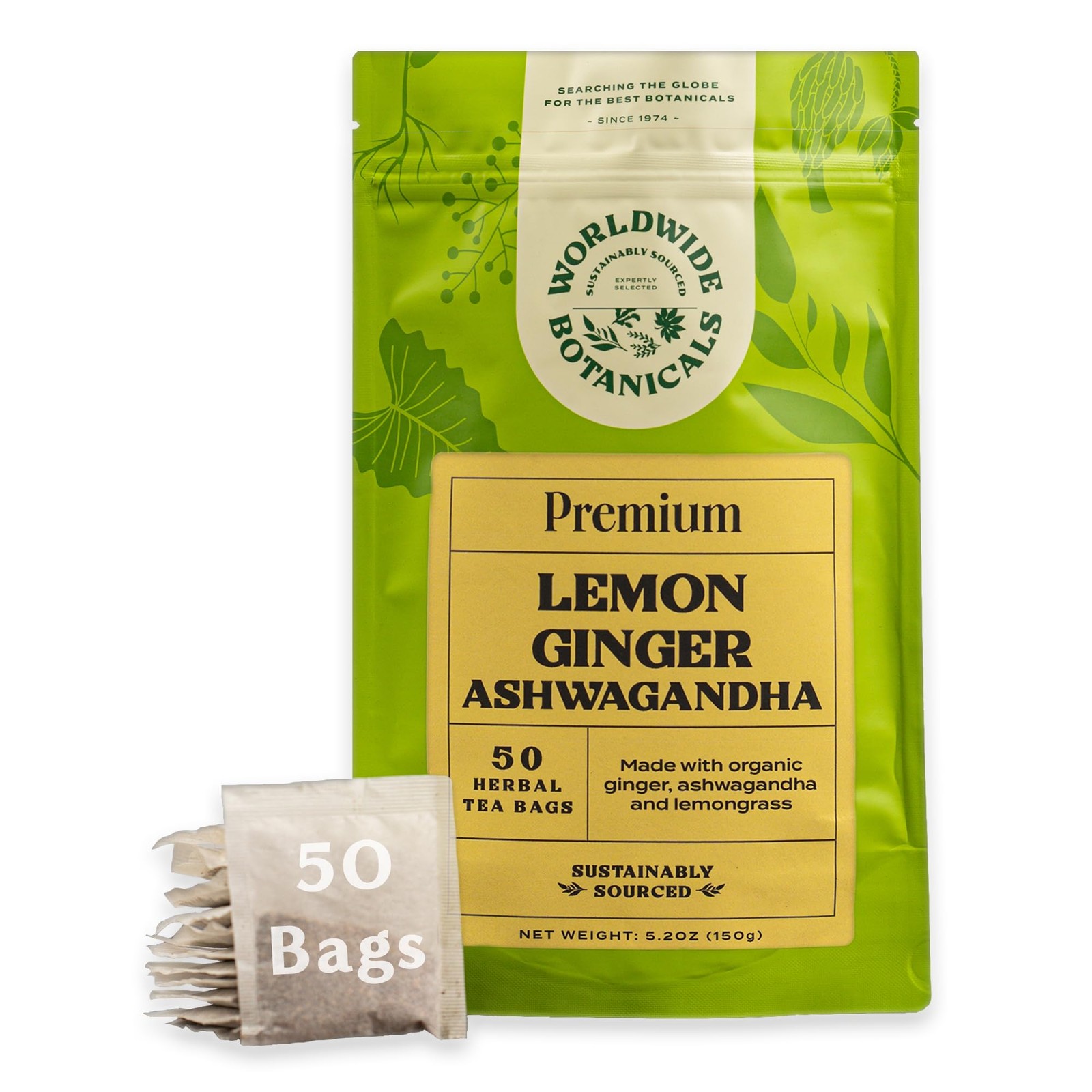 Lemon Ginger Ashwagandha Tea, 50 Tea Bags – 50% more herbs with 3g per teabag…