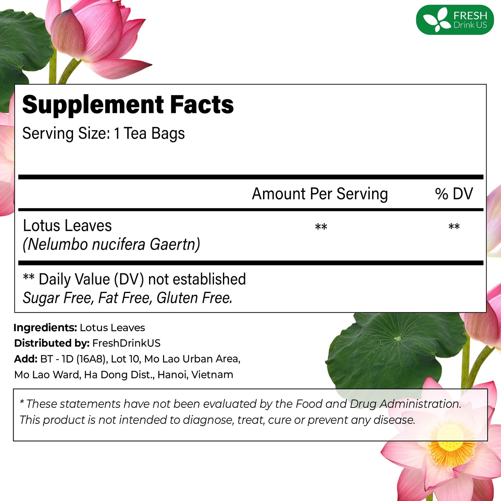 FreshDrinkUS, Premium 30 Lotus Leaf Tea Bags, 100% Natural & Pure 30 Bags