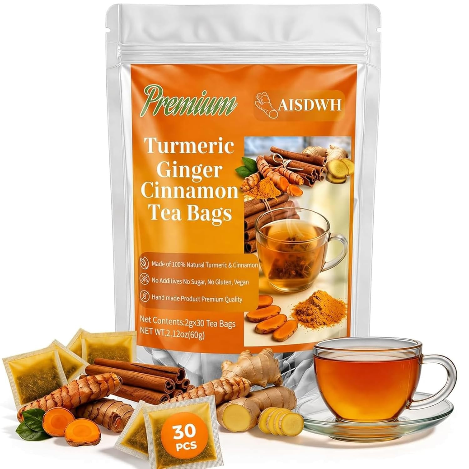 30 Premium Turmeric Ginger Cinnamon Tea Bags, 100% Natural Ingredients Herbal Te