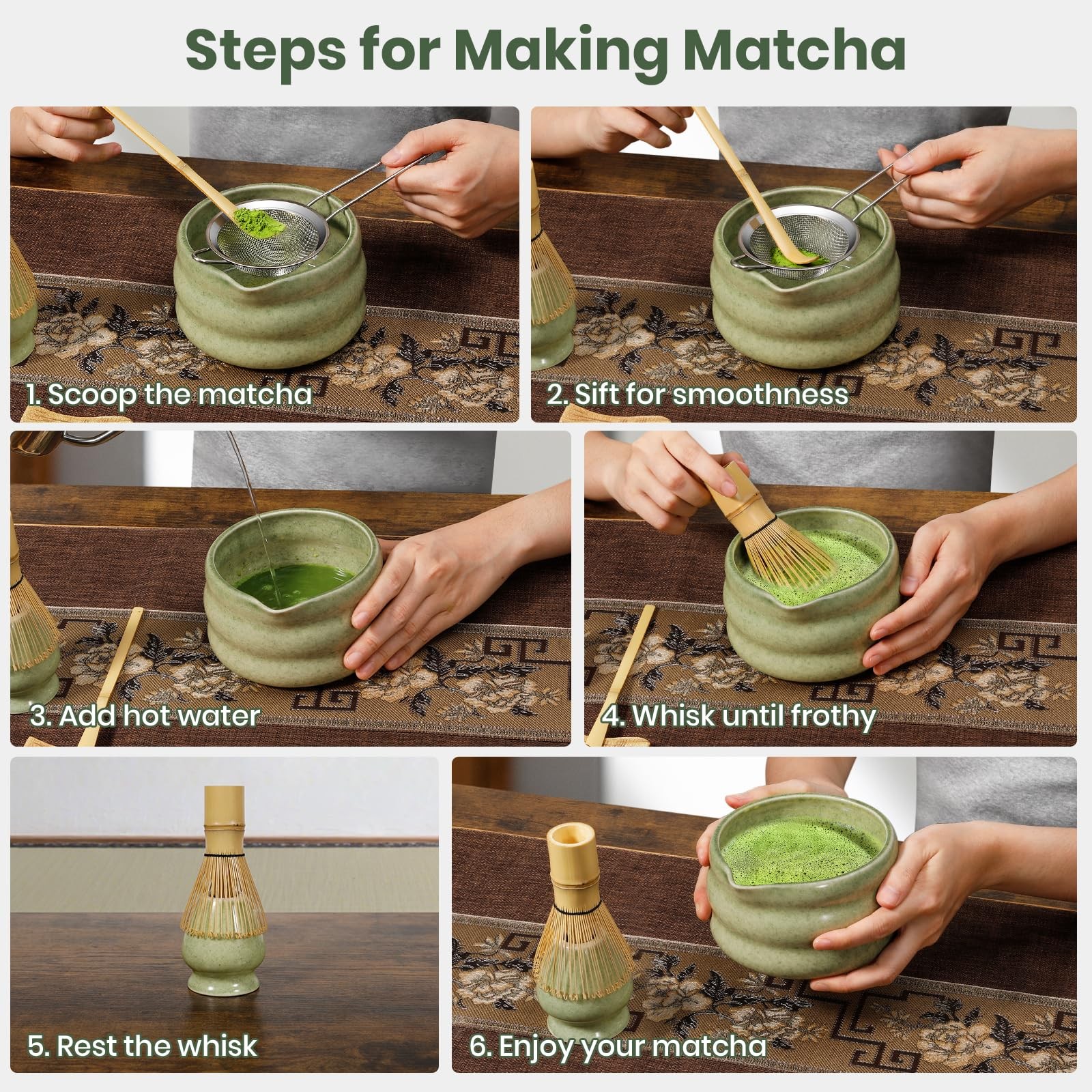 Matcha Whisk Set 7pcs, Japanese Macha Making Kit – 17oz Bowl with Spout, Whis…