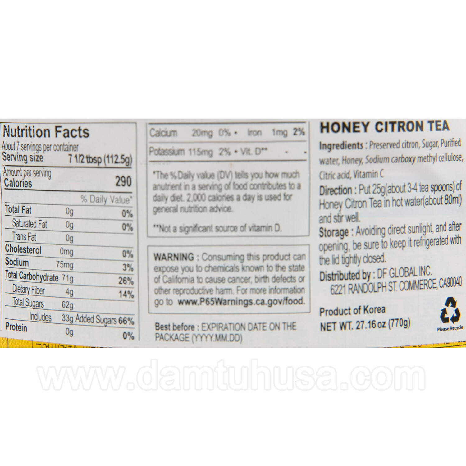 DAMTUH Honey Korean Citron Marmalade Tea 1.7lbs x 1 Bottle, Herbal Tea
