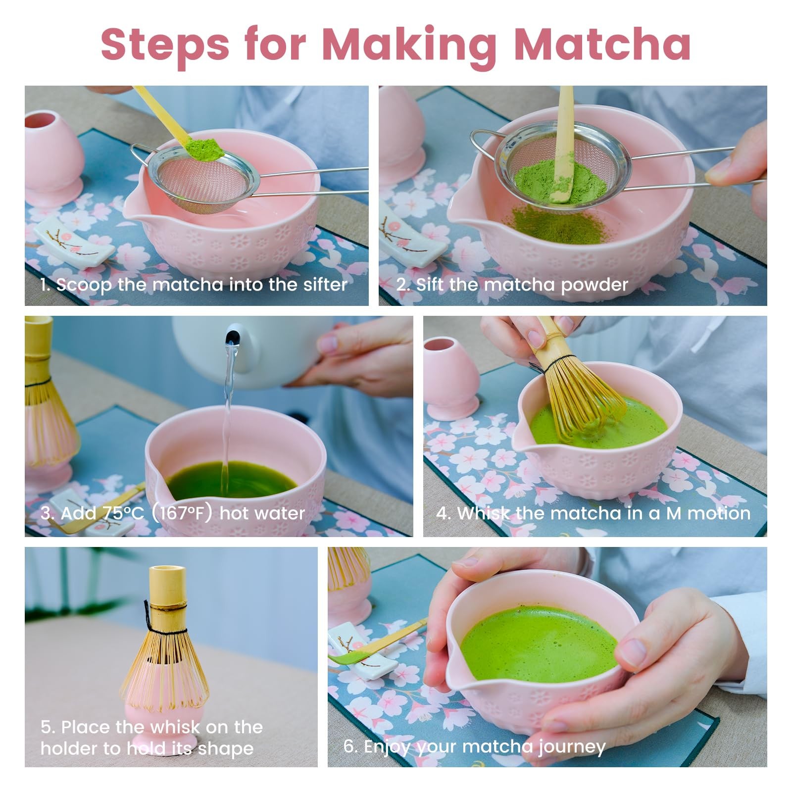 Matcha Whisk Set, Matcha Set Whisk And Bowl, 8 Pcs Matcha Kit Set(Cherry Blos…