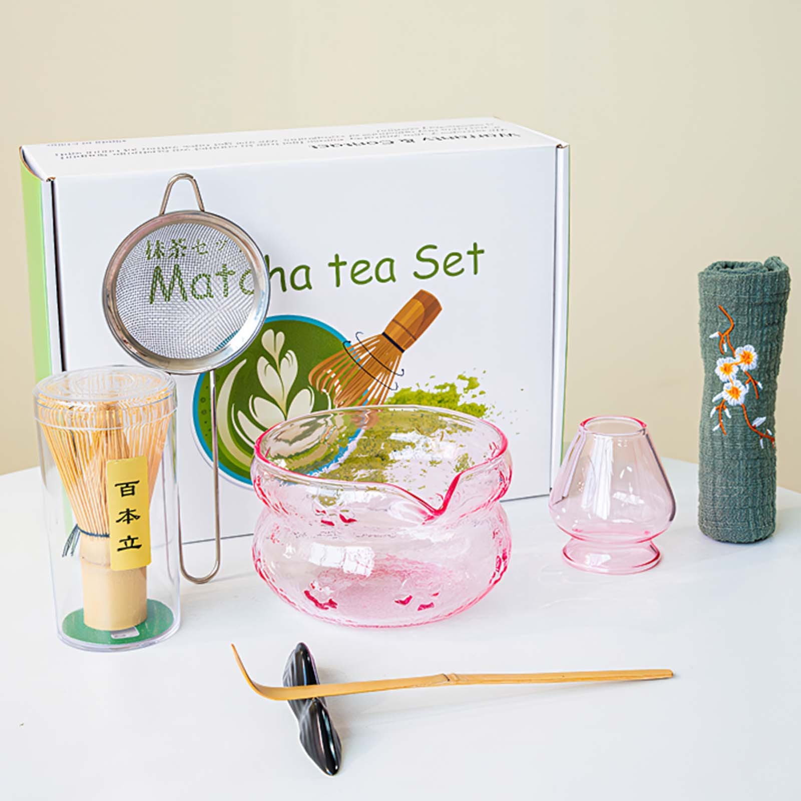 7Pcs Matcha Whisk Set Glass Matcha Tea Set Includes Matcha Bowl with Spout Scoop
