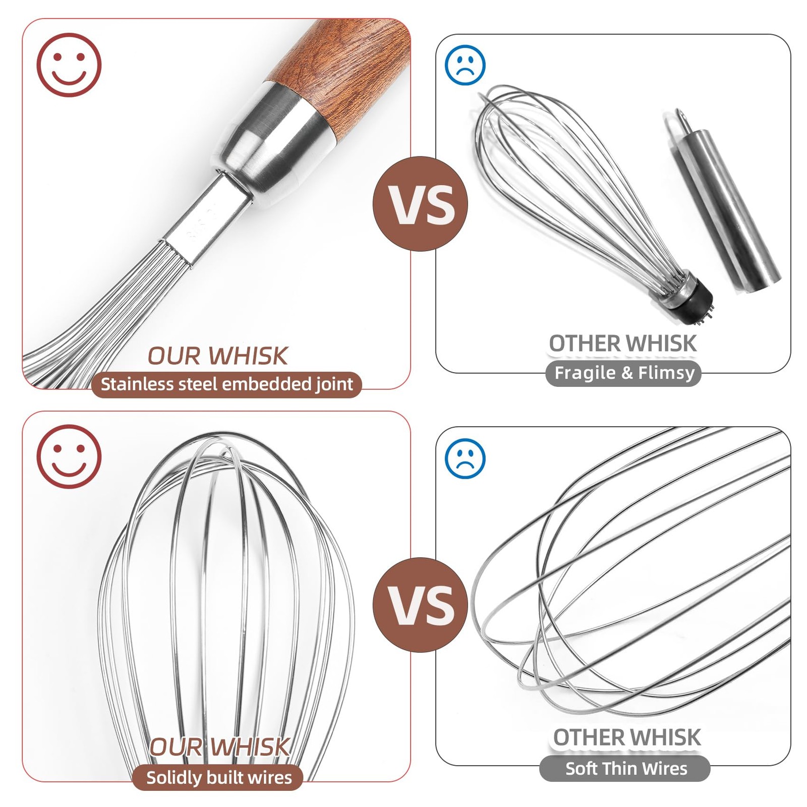 Stainless Steel Wire Whisk, Wooden Handle Kitchen Multi 10″L x 1.8″W, Silver