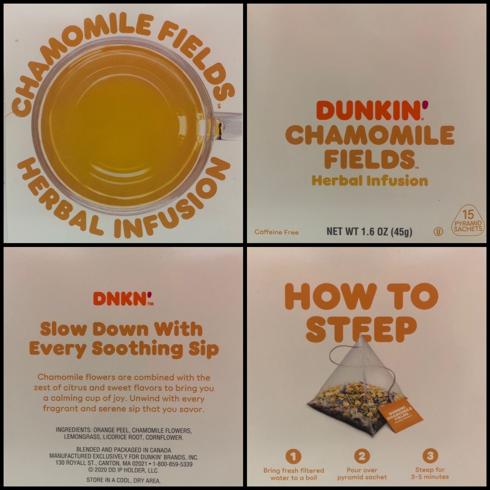 Dunkin Donuts Chamomile Fields Herbal Infusion Tea With 15 tea bags 1.6OZ
