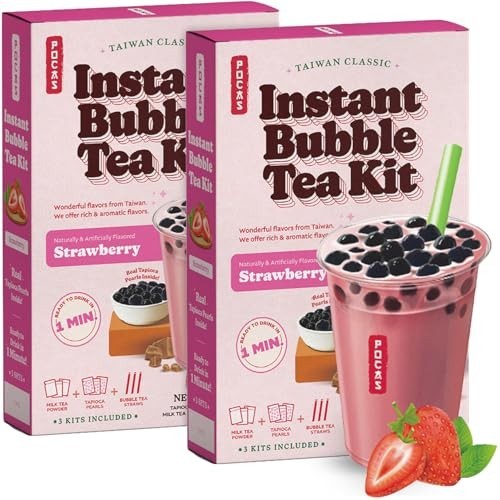 Strawberry Bubble Tea Kit 2-Pack – Instant Milk Tea Powder & Tapioca Pearls, 10