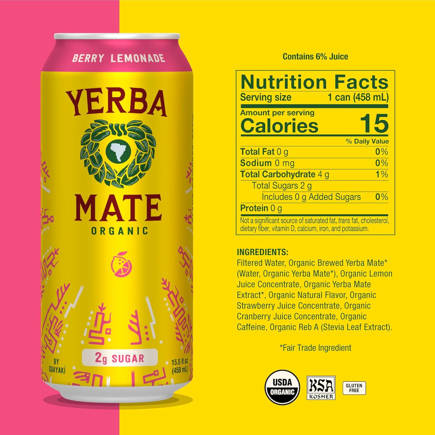 Yerba Madre Organic Yerba Mate, Energy Drink Alternative, Berry Lemonade, Low Su