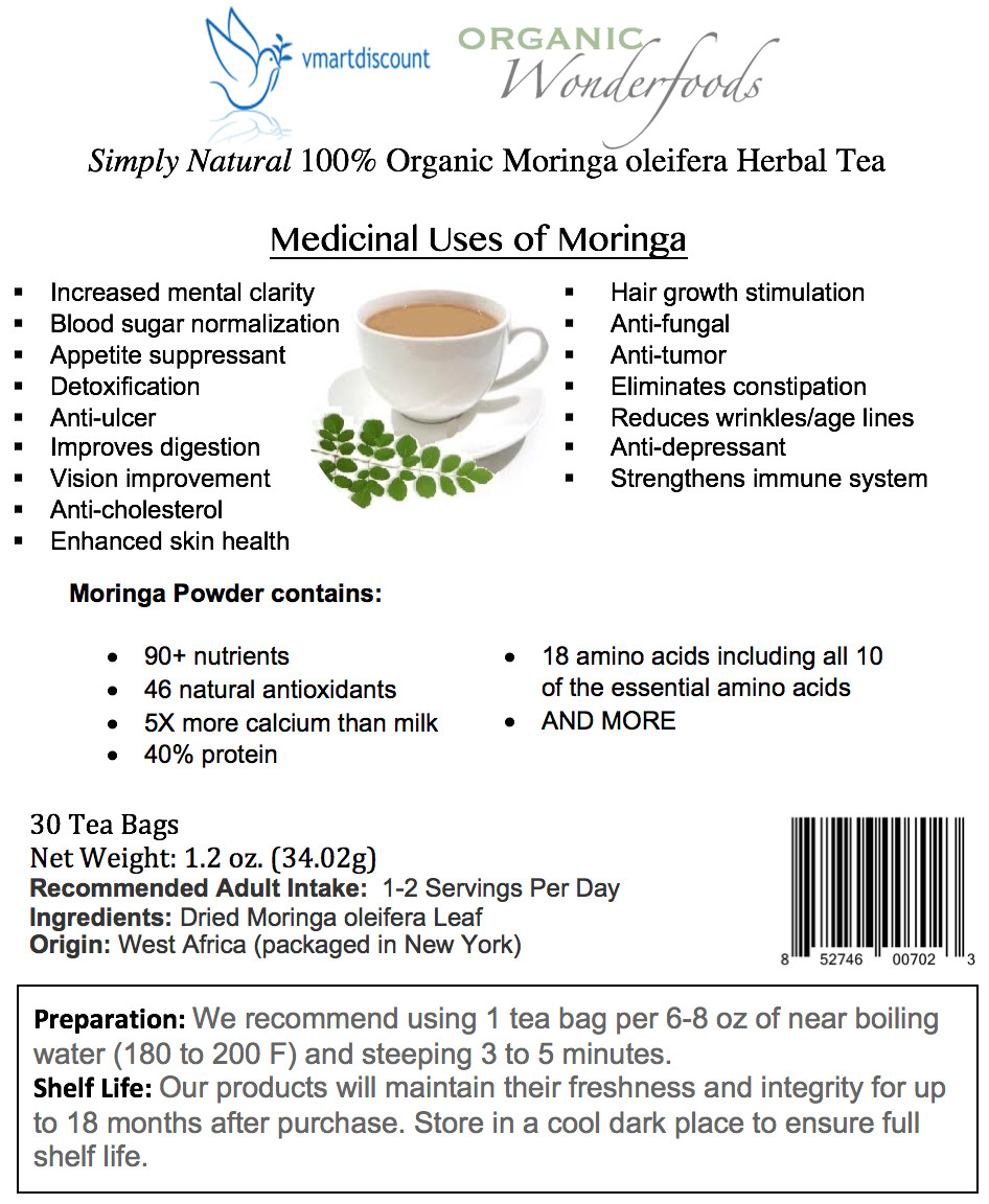 Moringa Herbal Tea (Te de Moringa) 30 Bags Energy Booster, Vitamins 100% Natural