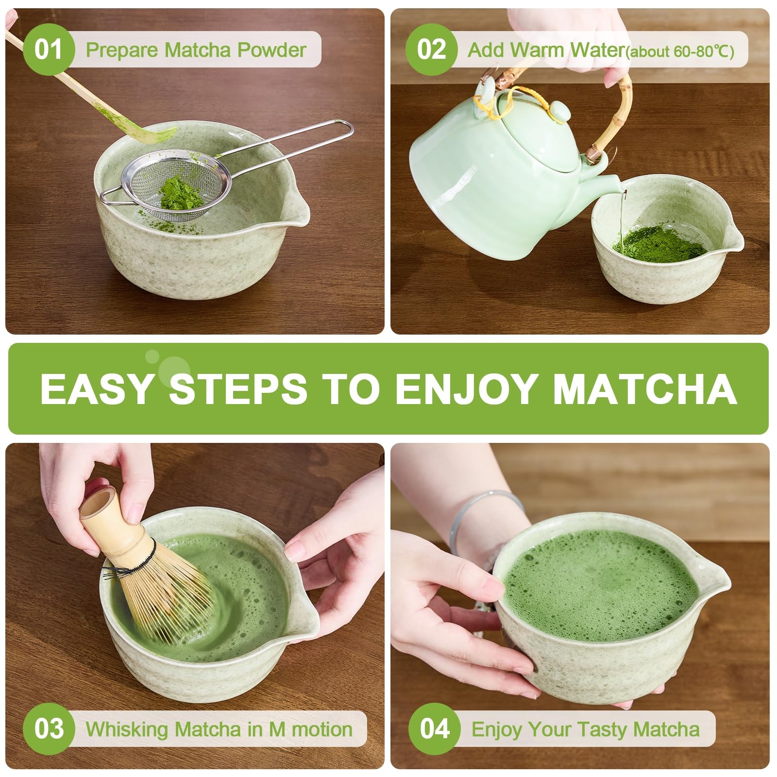 Matcha Whisk Set 7 Pcs – Bowl with Spout, Bamboo Whisk, Sifter, Scoop – Ideal