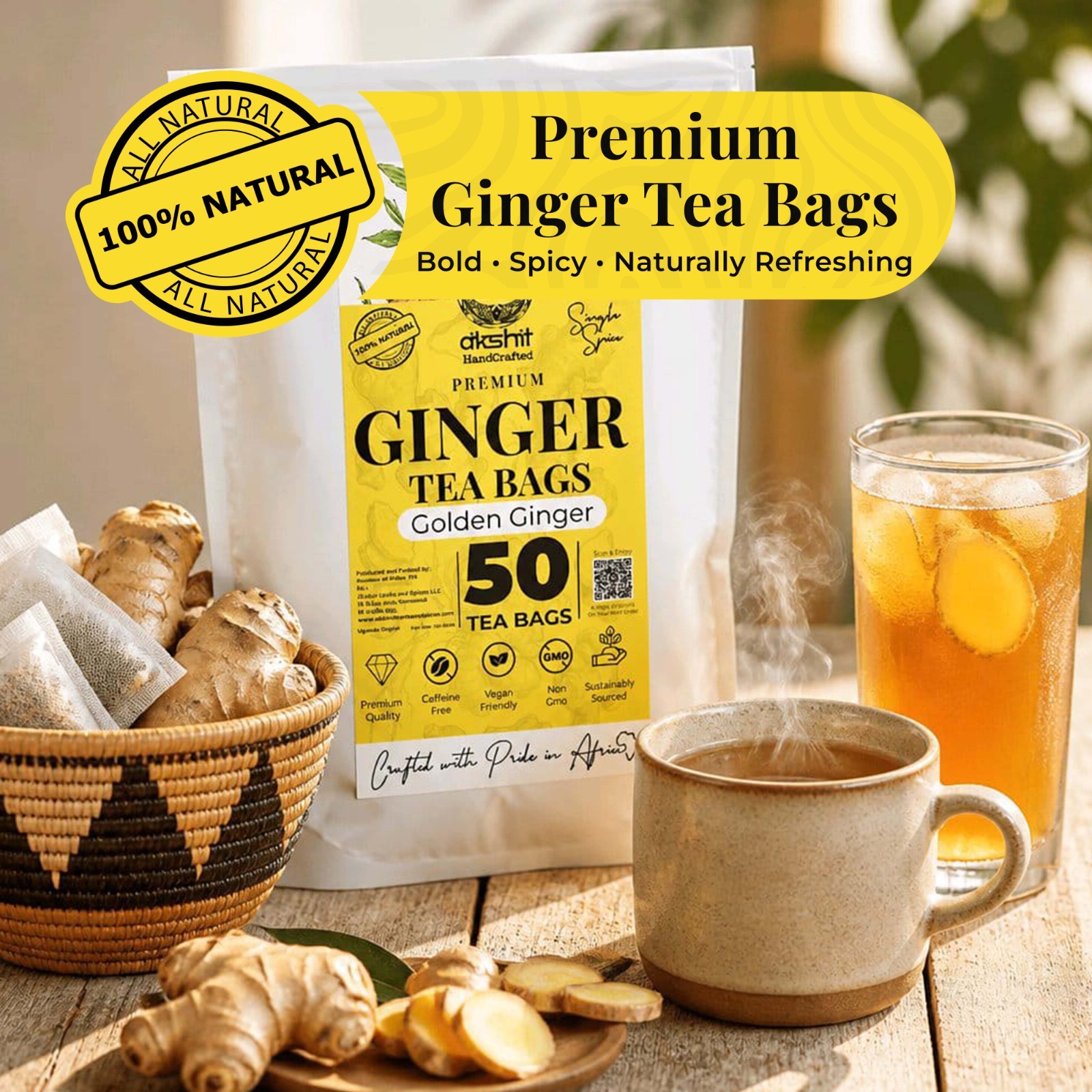 50 Ginger Tea Bags – Pure Ginger Tea – Herbal Tea Infusion