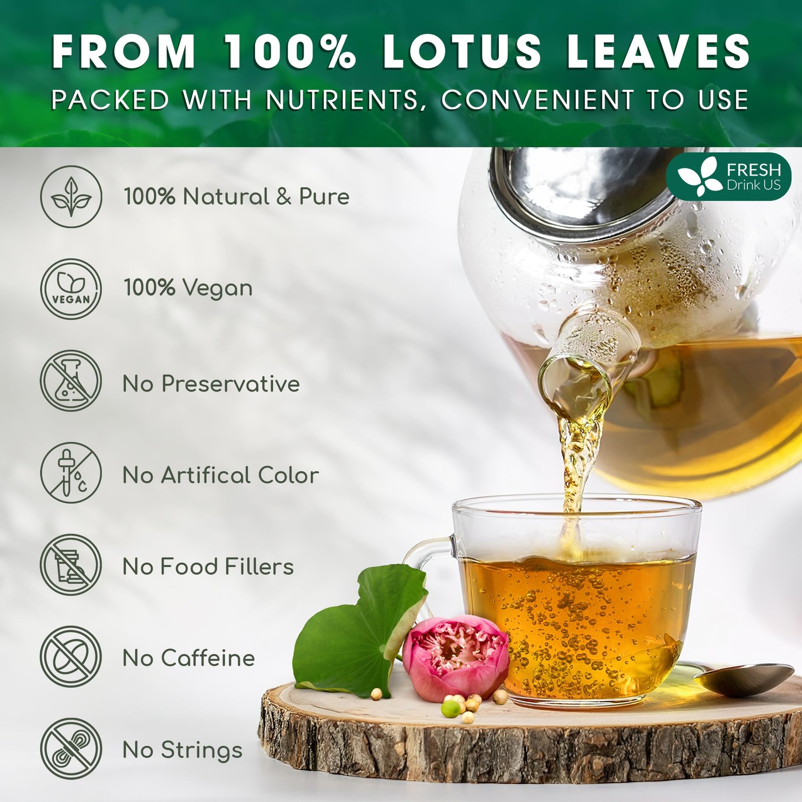 FreshDrinkUS, Premium 30 Lotus Leaf Tea Bags, 100% Natural & Pure 30 Bags