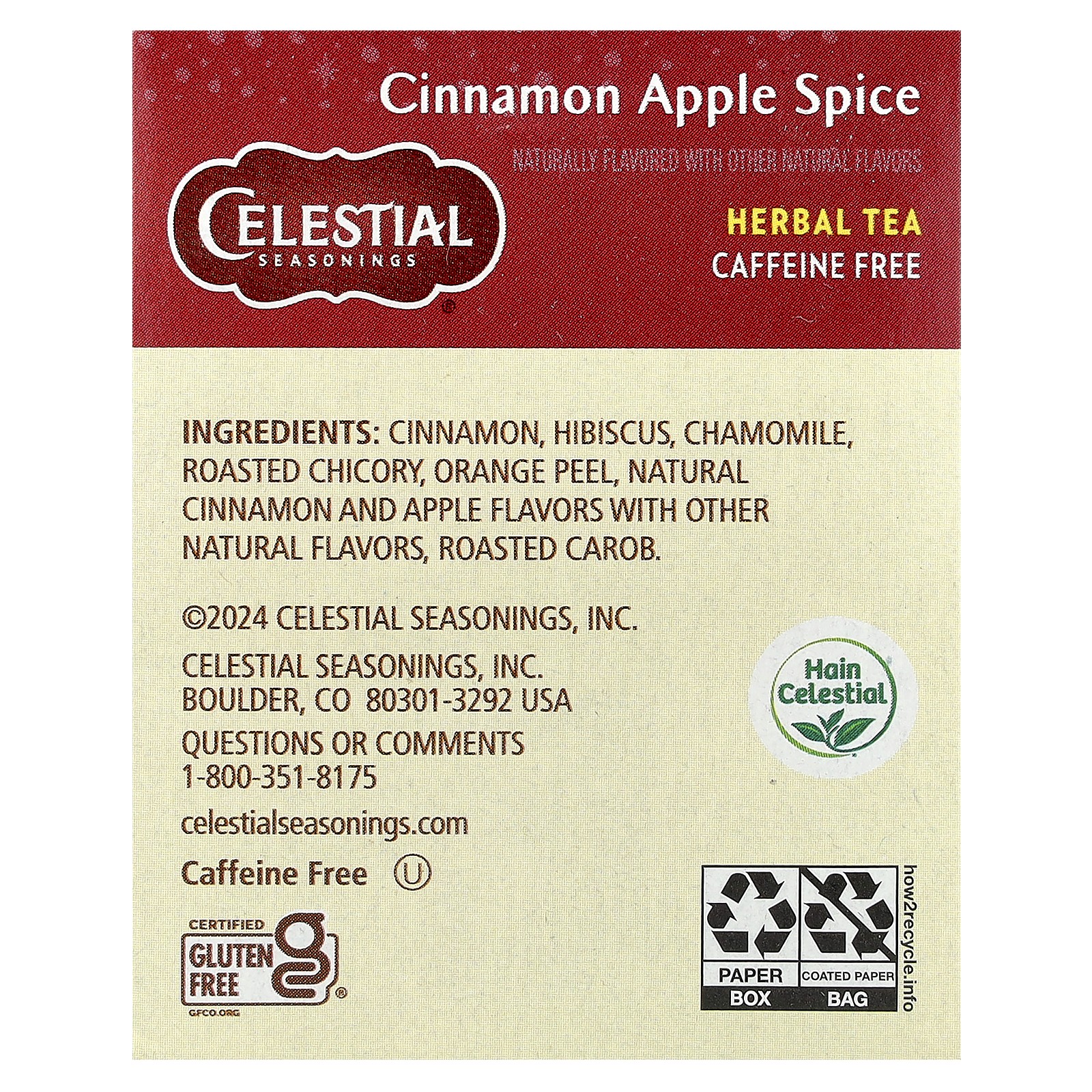Herbal Tea, Cinnamon Apple Spice, Caffeine Free, 20 Tea Bags, 1.7 oz (48 g)