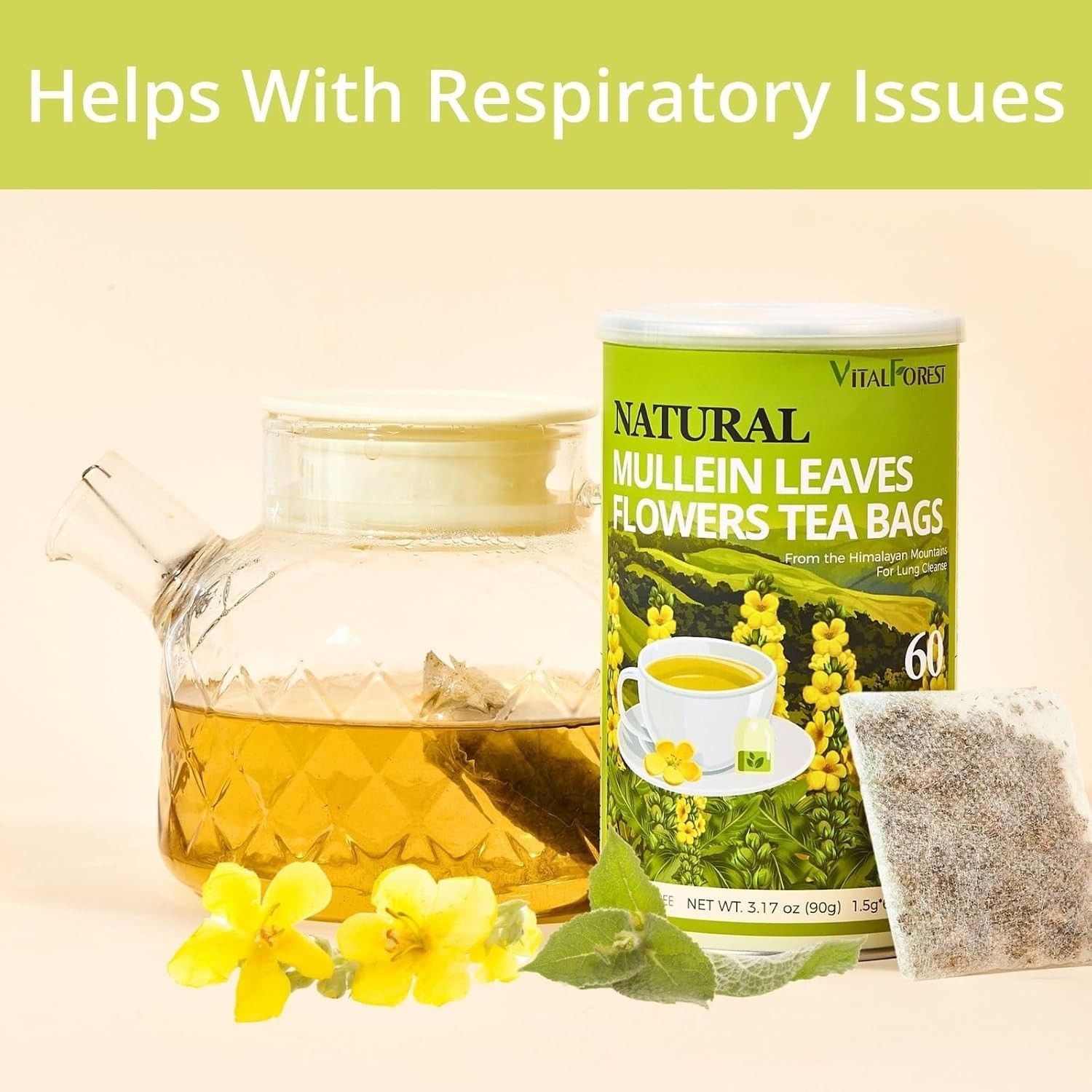 60 Mullein Leaf Tea Bags for Lungs, VitalForest 100% Pure Mullein Mullins Detox