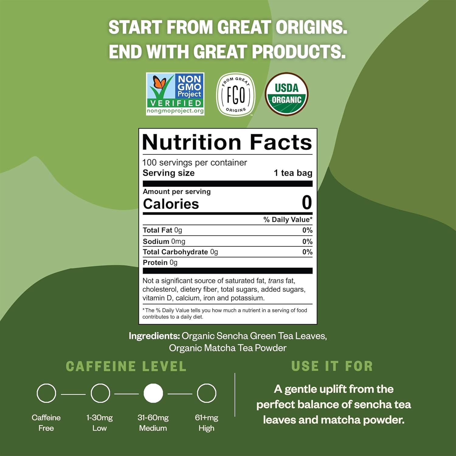 FGO Organic Japanese Matcha + Green Tea, 100 Count, Eco-Conscious Tea Bags, Rese