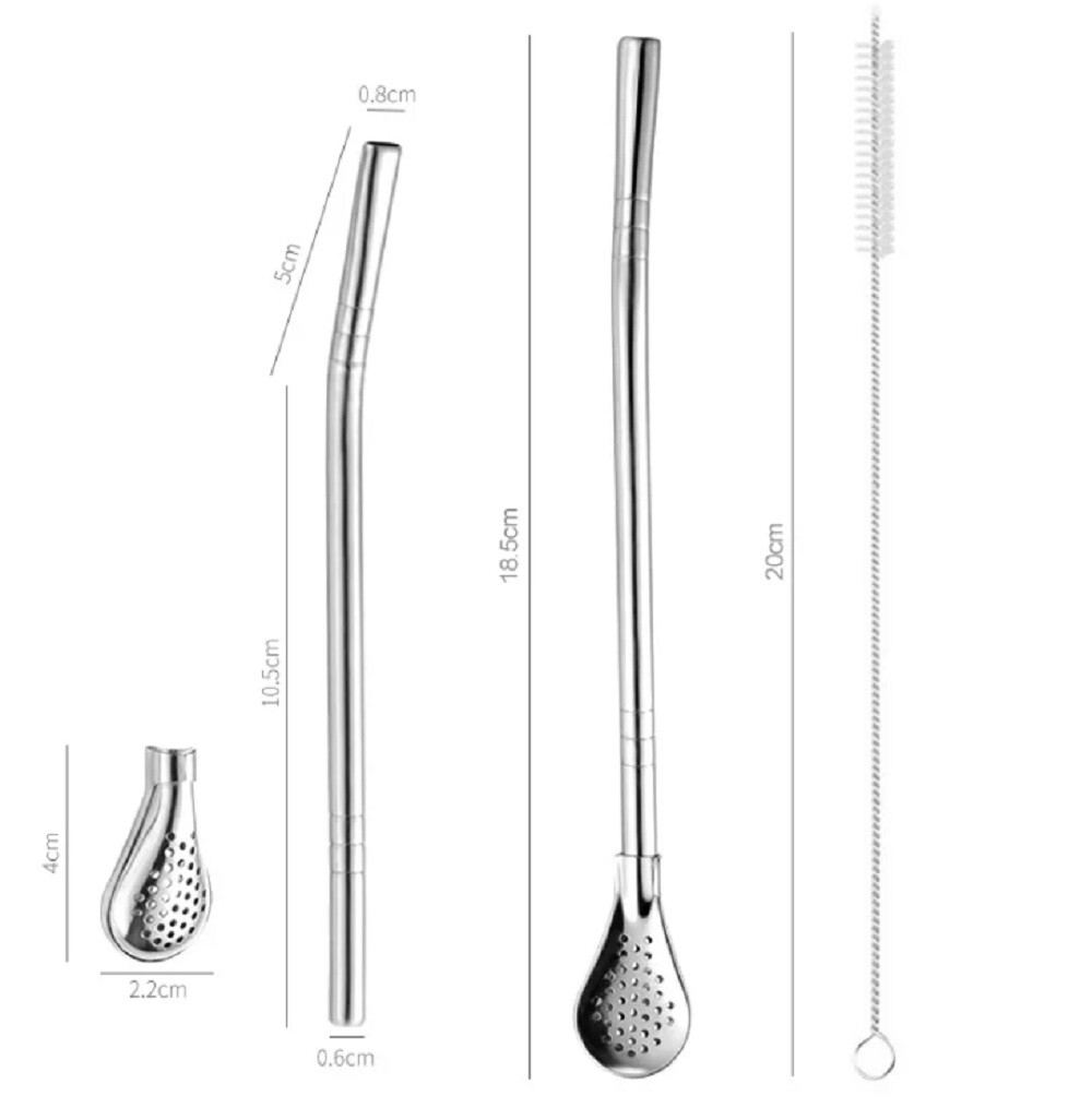 6 Reusable Stainless Steel Drinking Straw Set w Filter Spoon & 2 Cleaning Brush