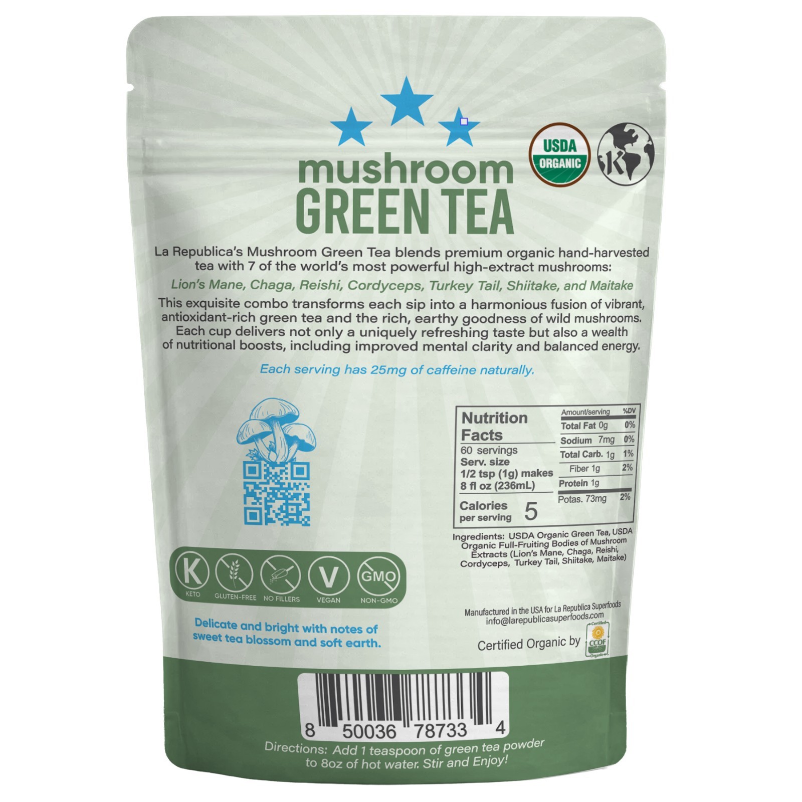 La Republica USDA Organic Mushroom GREEN TEA (Full-Fruiting Bodies) 70 Servings