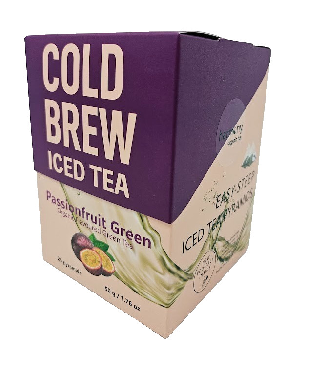 ICED TEA Cold Brew Passionfruit Green 25 Pyramids Tea Bags Harmony Organic New
