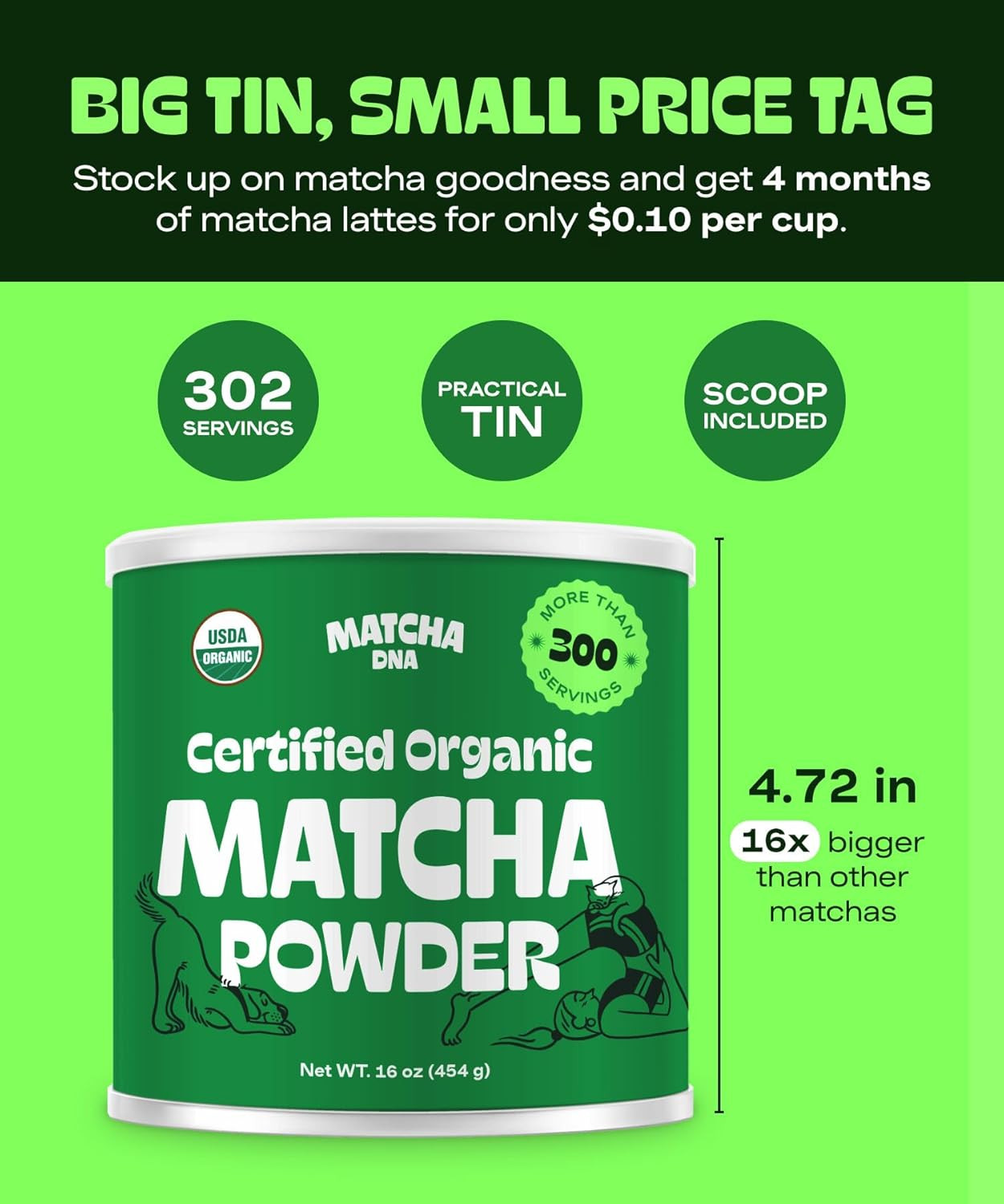MATCHA DNA Certified Organic Matcha Green Tea Powder (16 Oz TIN CAN)