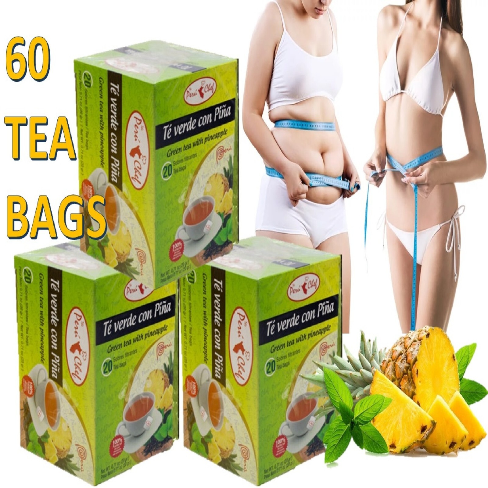 Green tea with Pineapple Flavor 20 count 3 Pack total 60 bags detox te 4 U