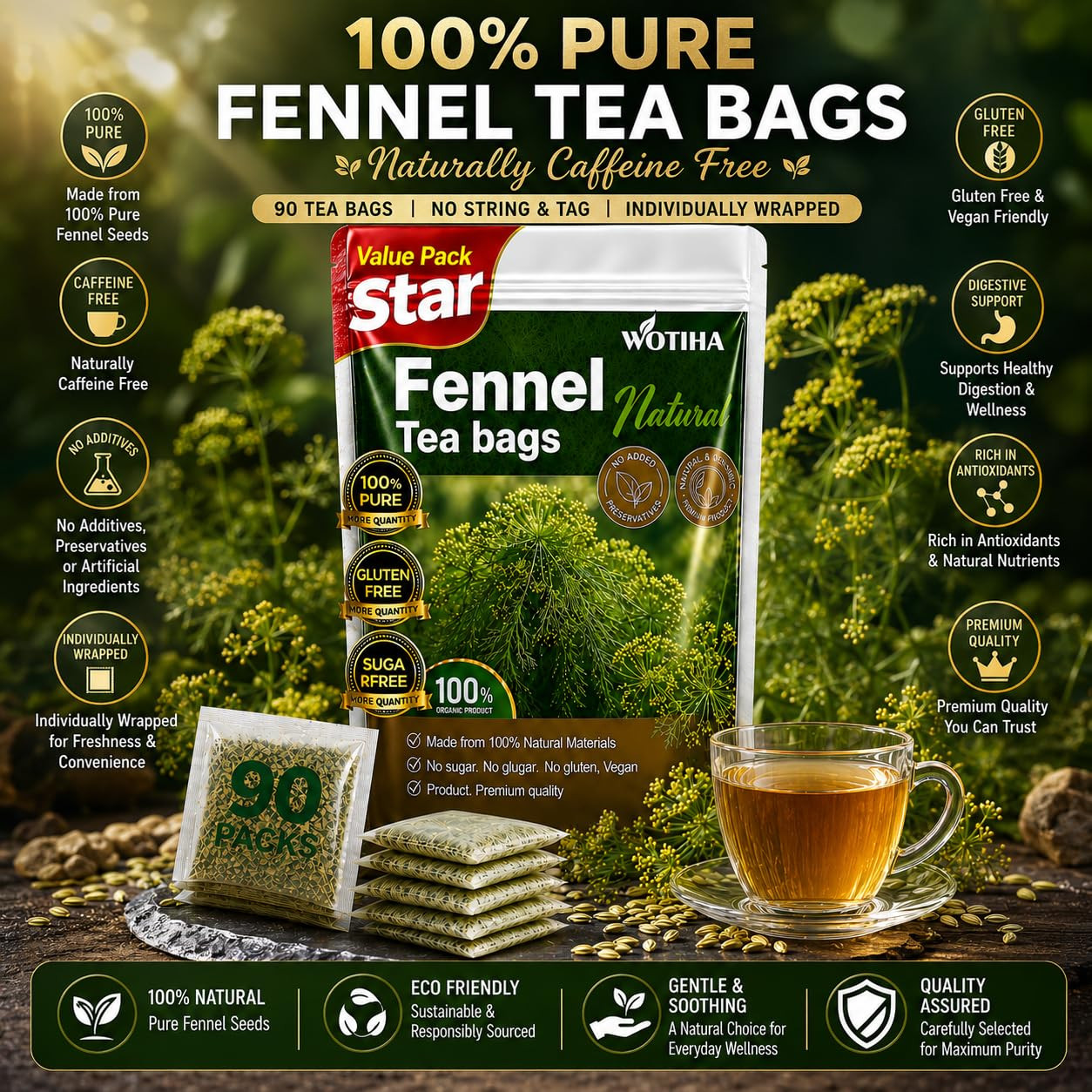 90 Count Organic Premium Fennel Tea Bags – 100% Natural & Pure Herbal Tea, Suppo