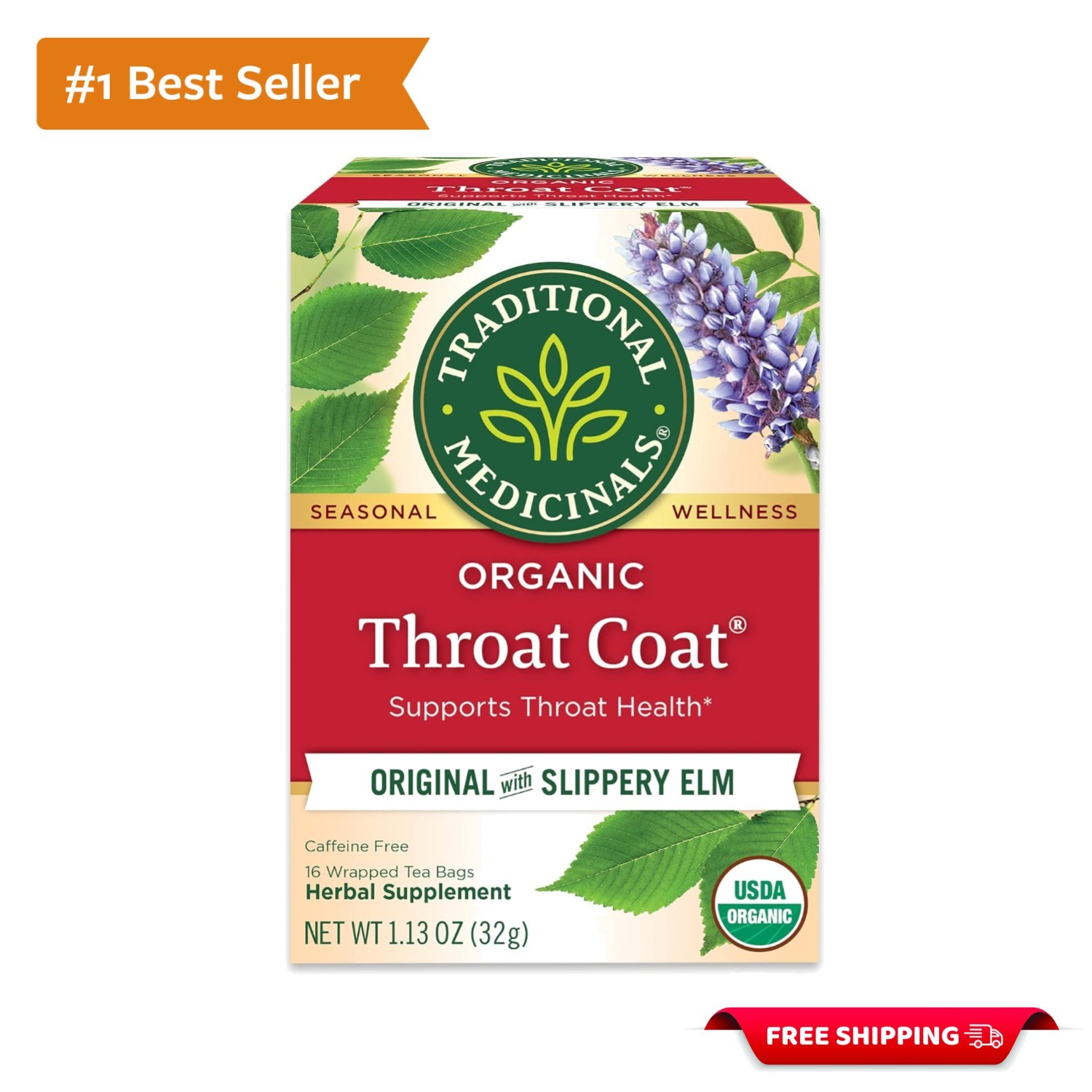 Caffeine-Free Organic Throat Coat Tea – Slippery Elm & Licorice, 16 Teabags