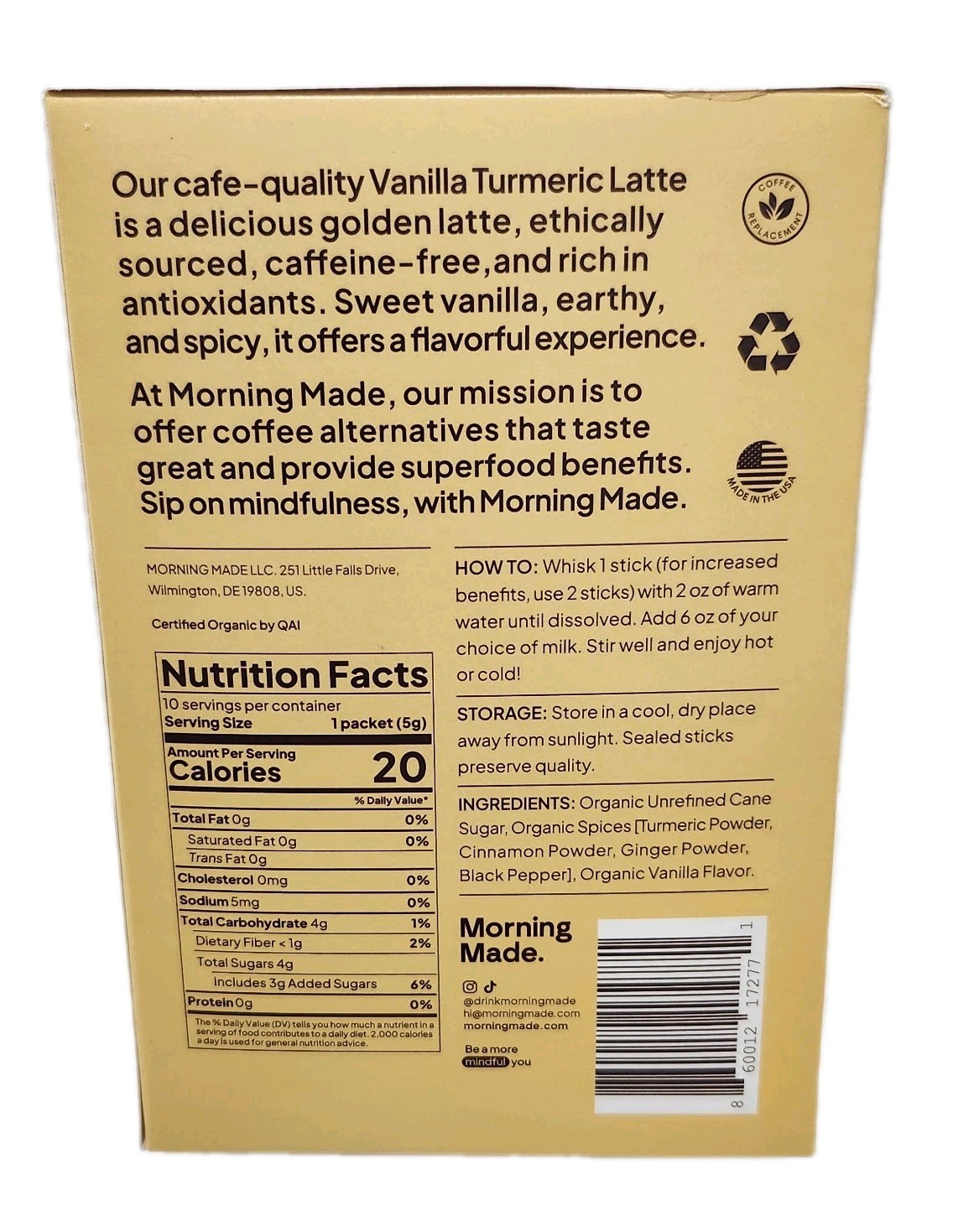 Morning Made Turmeric Latte Vanilla Blend 10 Serving Organic 2 Pk Tea