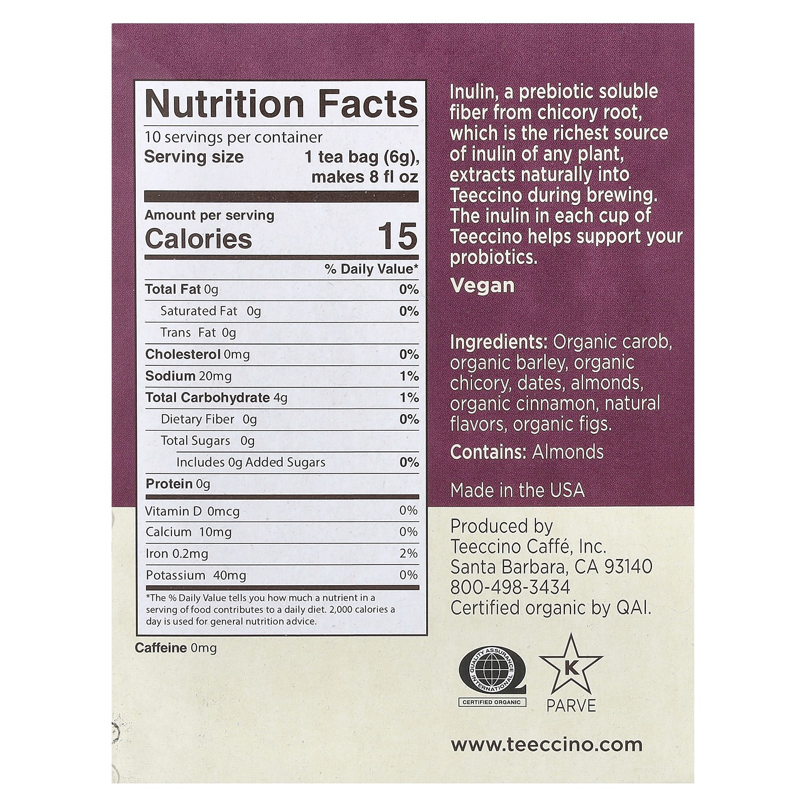 Roasted Herbal Tea, Snickerdoodle, Caffeine Free, 10 Tea Bags, 2.12 oz (60 g)