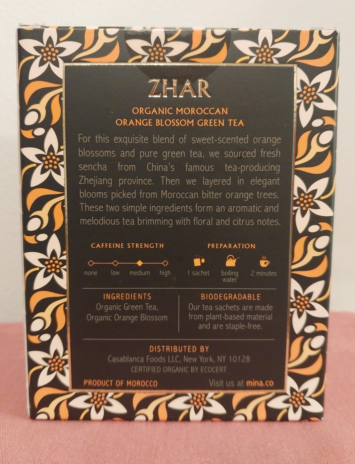 MINA ZHAR Organic Moroccan Orange Blossom Green Tea 15 Sachets BB Aug 30, 2026