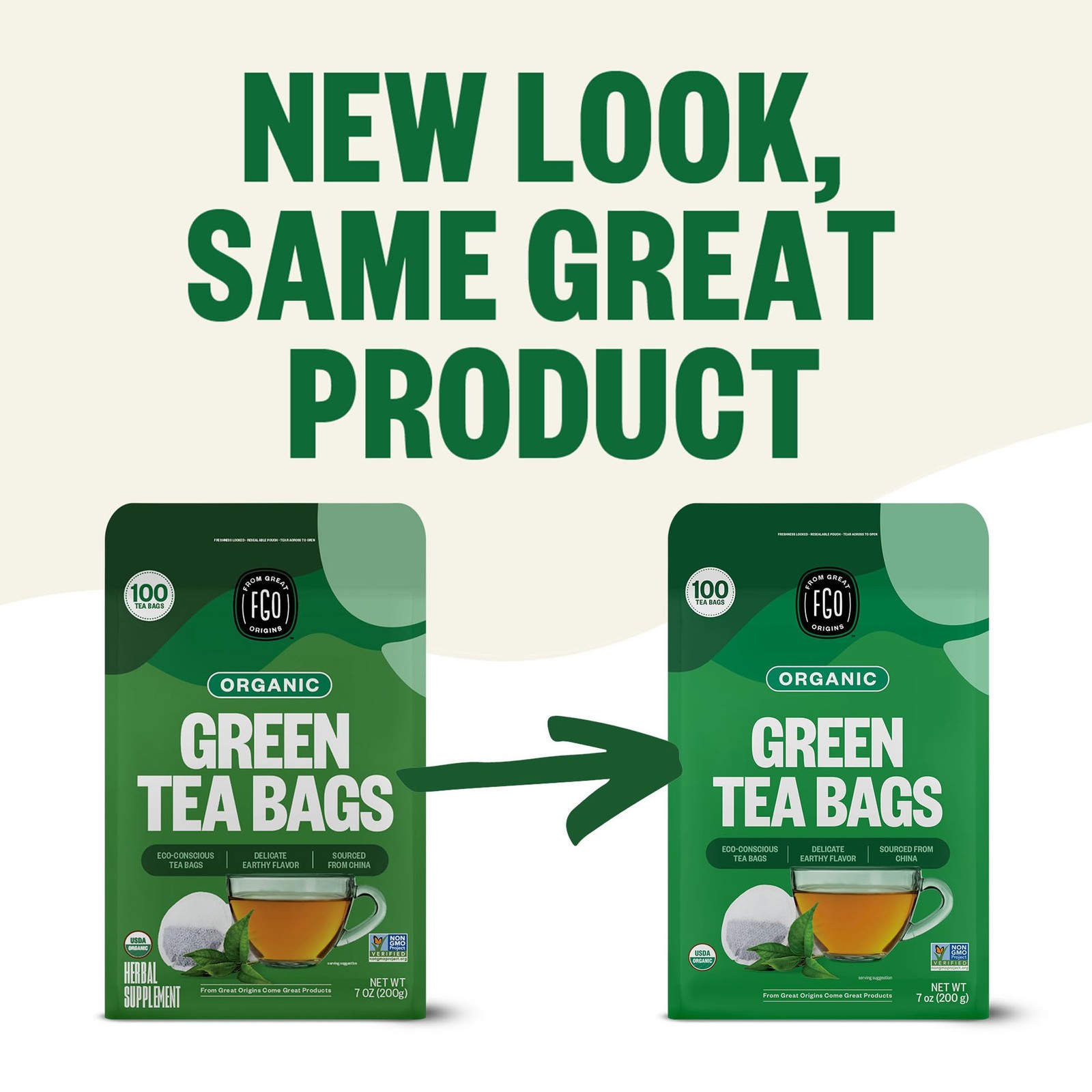 FGO Organic Green Tea, 100 Count Eco-Conscious Tea Bags, Caffeinated, Reseala…