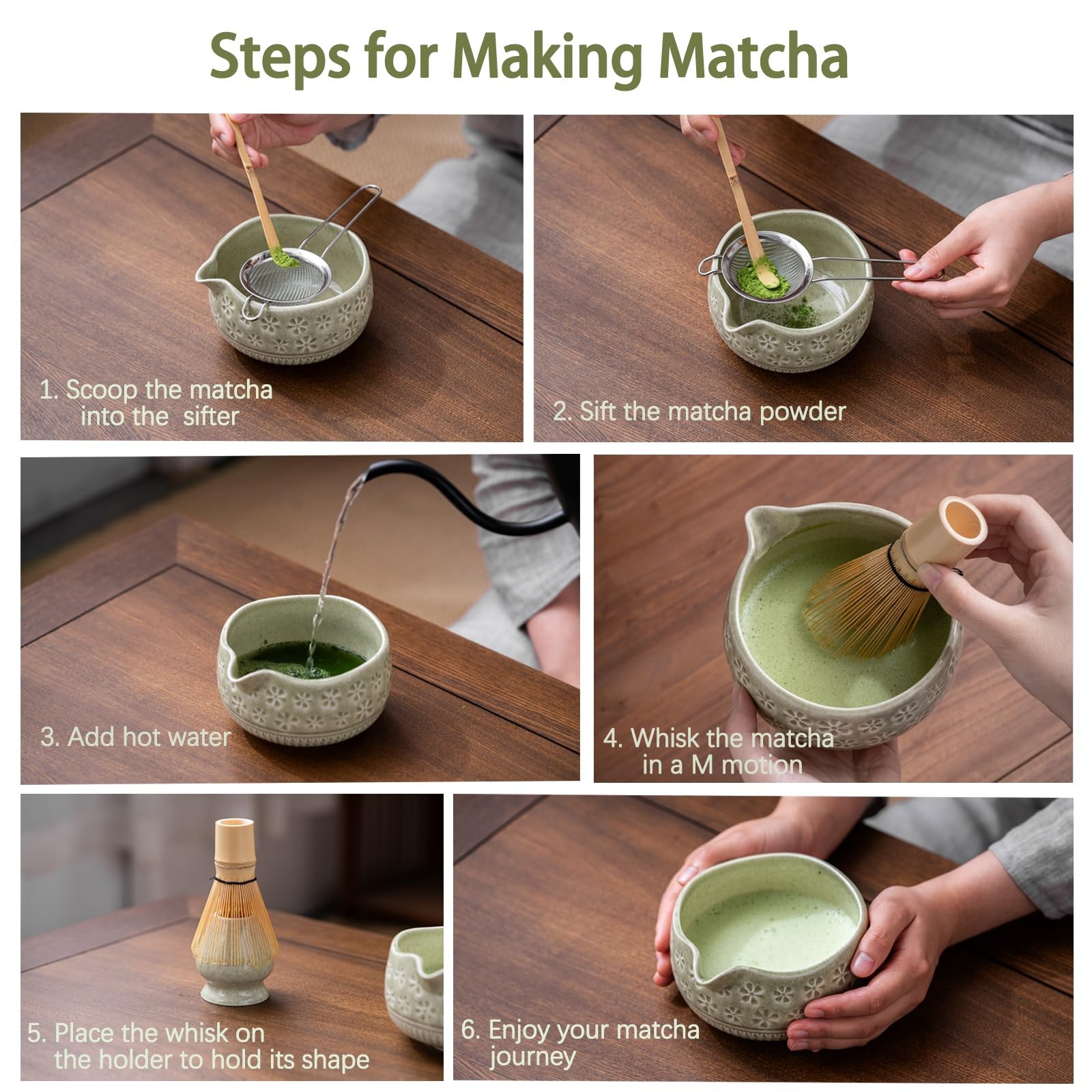 Ceramic Matcha Kit Set Includes Bowl, Whisk and Holder, Bamboo Scoop Rest Sifter