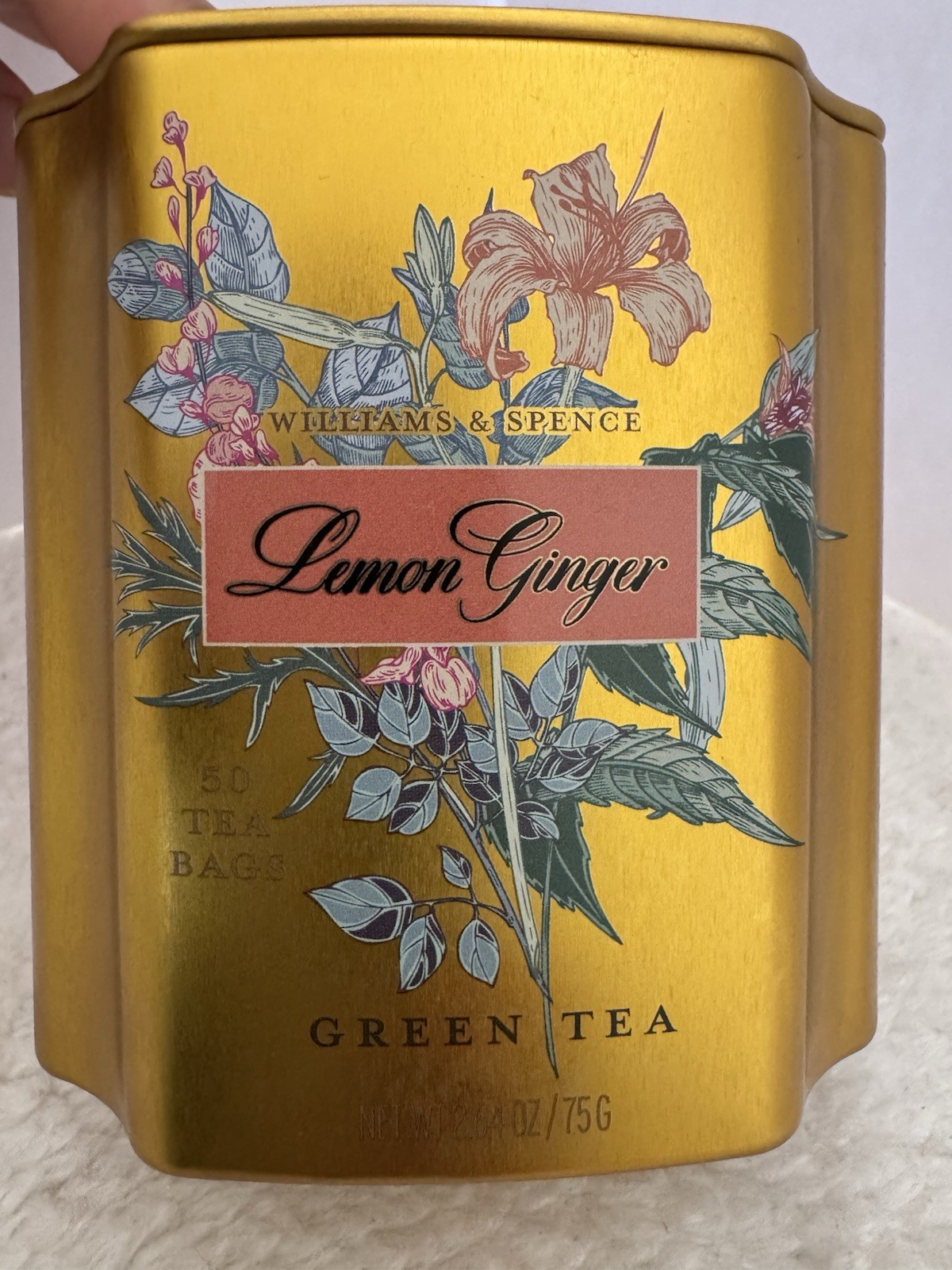 LEMON GINGER GREEN TEA 50BAGS IN BEAUTIFUL Gold Floral TIN WILLIAMS & SPENCE