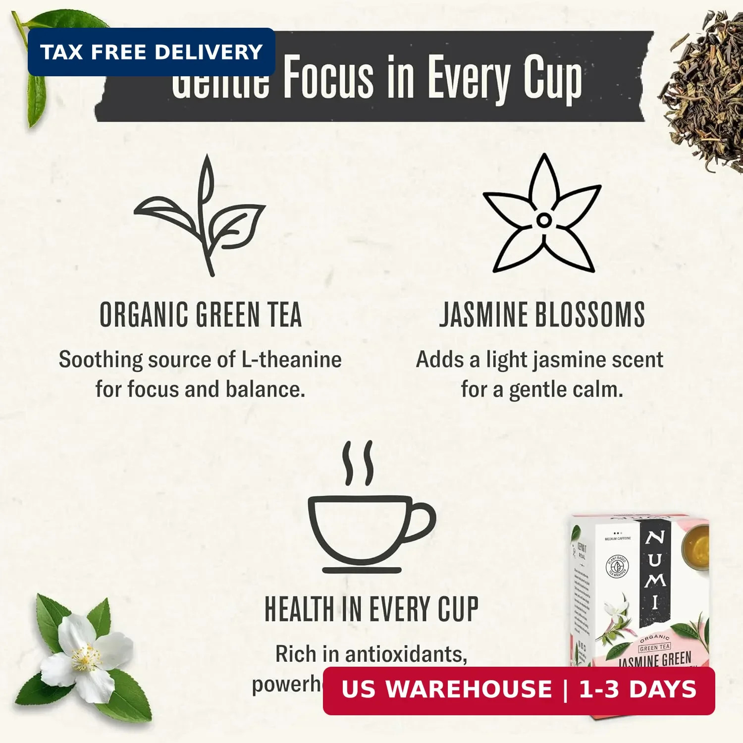 Numi Organic Green Tea with Jasmine, 54 Green Tea Bags Scented with Real Jasmine