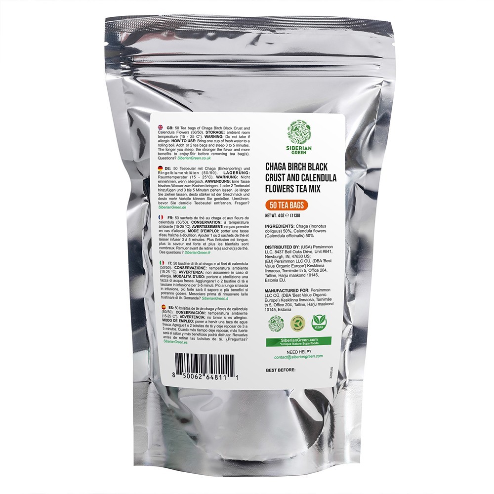 Chaga and Calendula Herbal Tea Caffeine Free Mushroom and Flower Tea 50 Bags