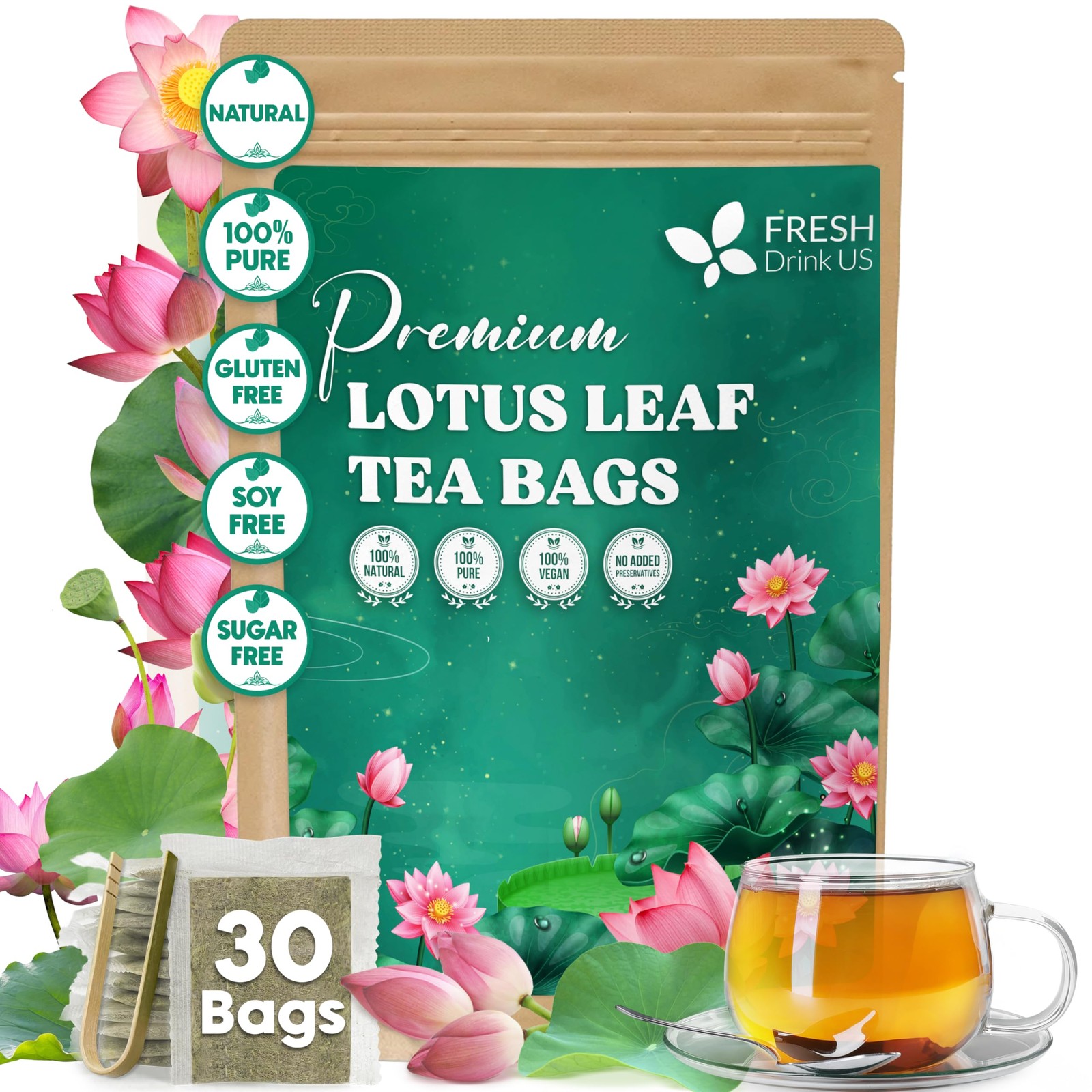 FreshDrinkUS, Premium 30 Lotus Leaf Tea Bags, 100% Natural & Pure 30 Bags