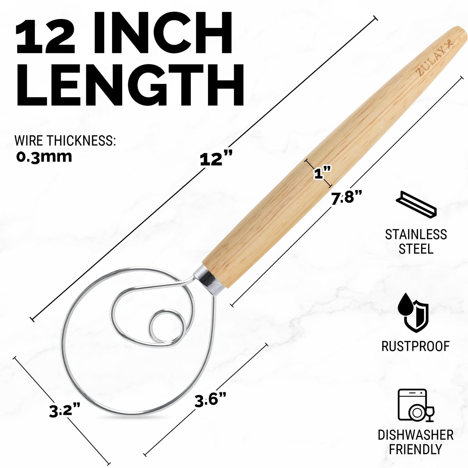 Zulay Kitchen 13-Inch Danish Dough Whisk – 1 Pack, Rubberwood – Single Eye