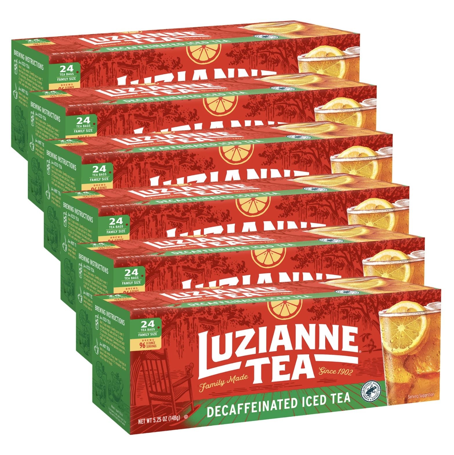 Luzianne Decaf Iced Tea Bags, Family Size, 24ct Box, Pack of 6